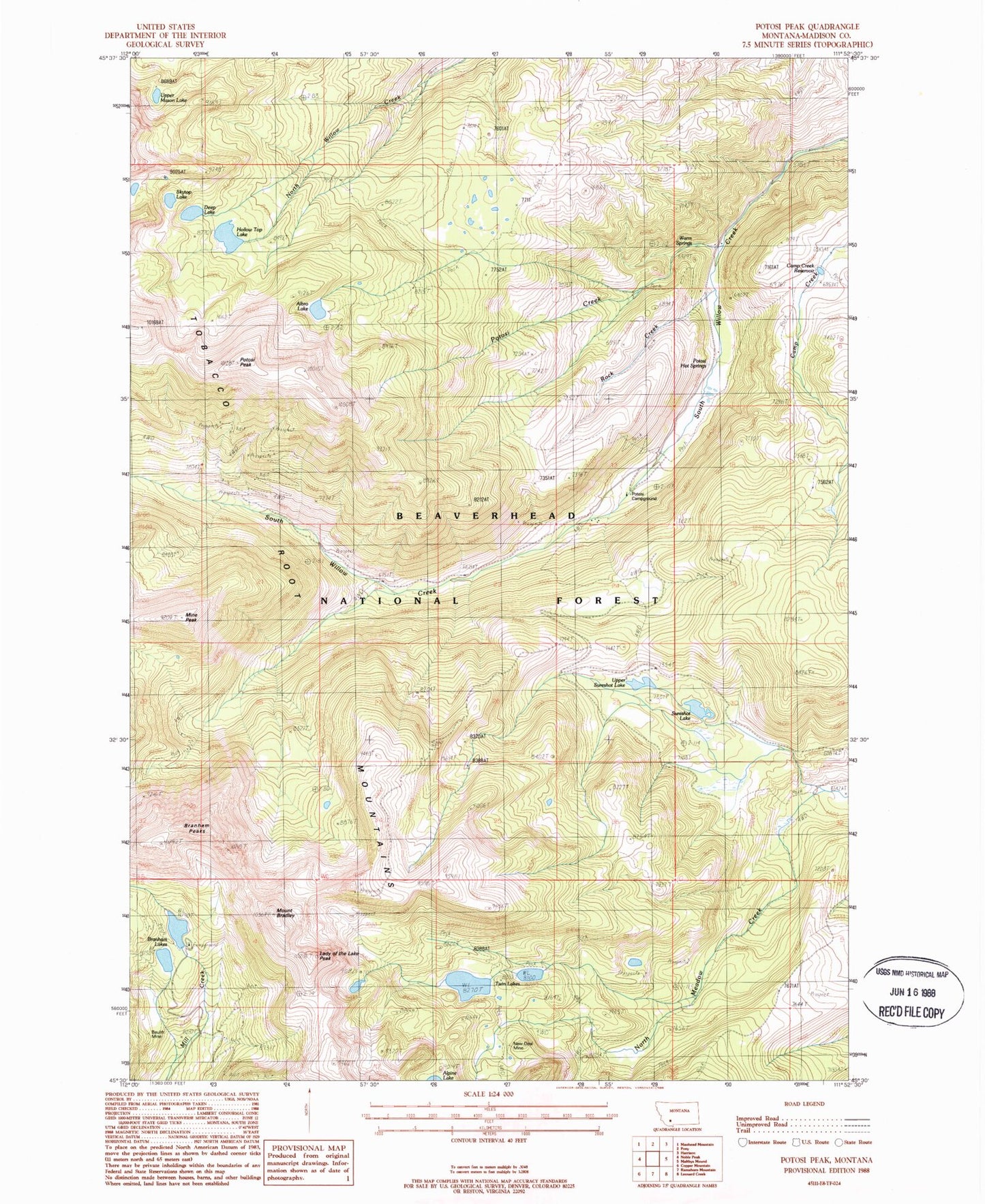 Classic USGS Potosi Peak Montana 7.5'x7.5' Topo Map Image
