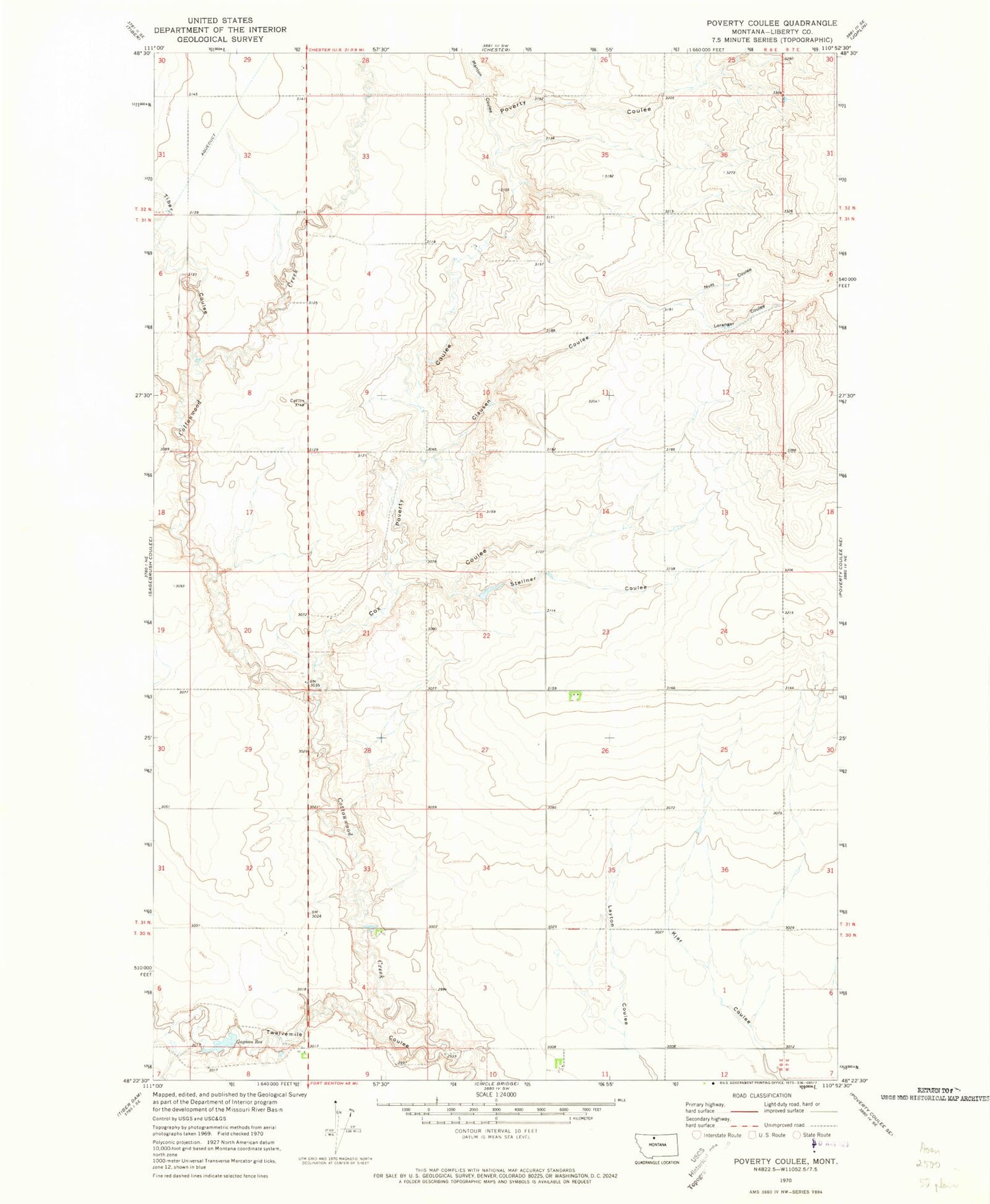Classic USGS Poverty Coulee Montana 7.5'x7.5' Topo Map Image