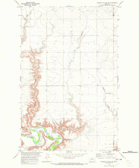 Classic USGS Poverty Coulee SE Montana 7.5'x7.5' Topo Map Image