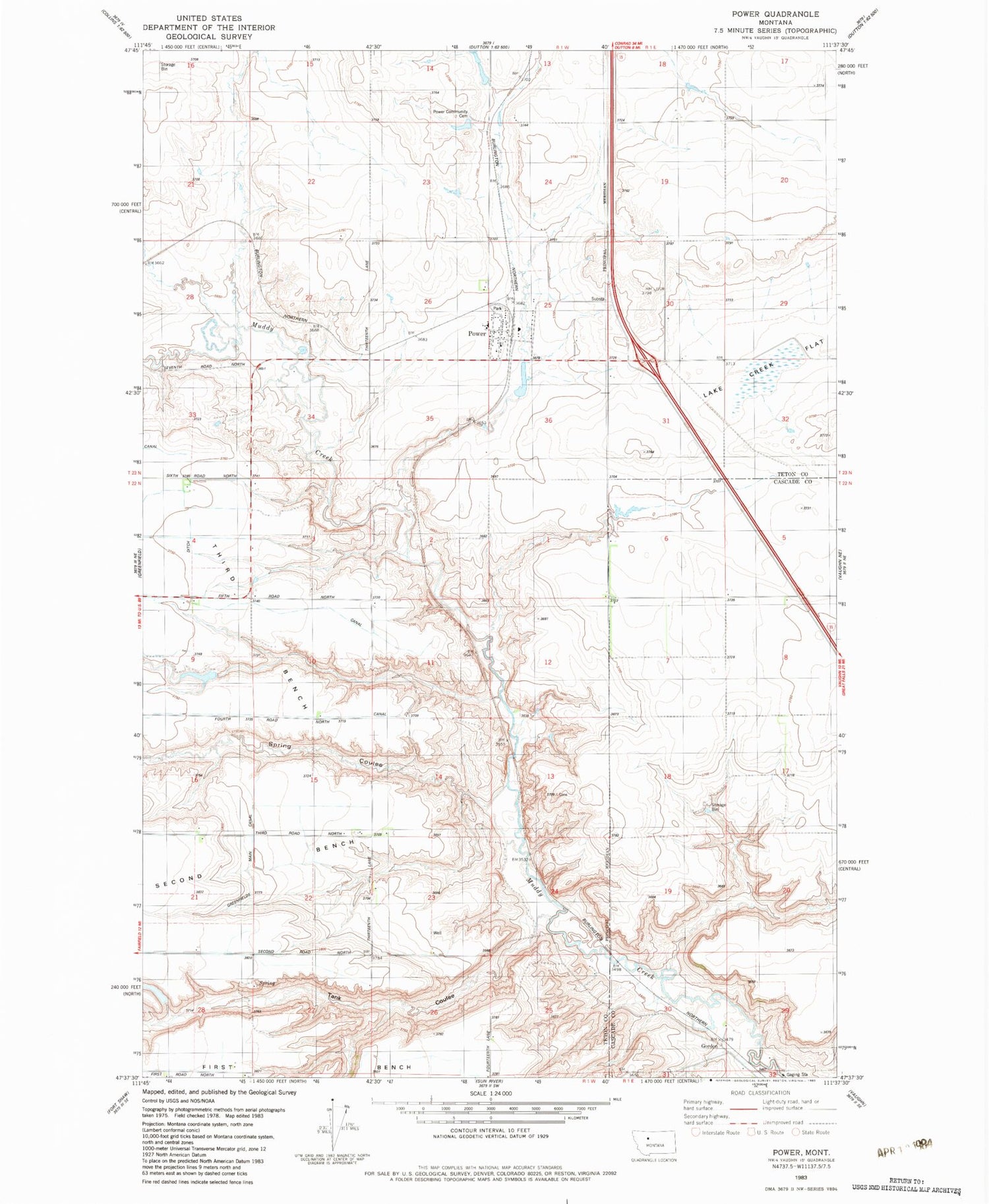 Classic USGS Power Montana 7.5'x7.5' Topo Map Image