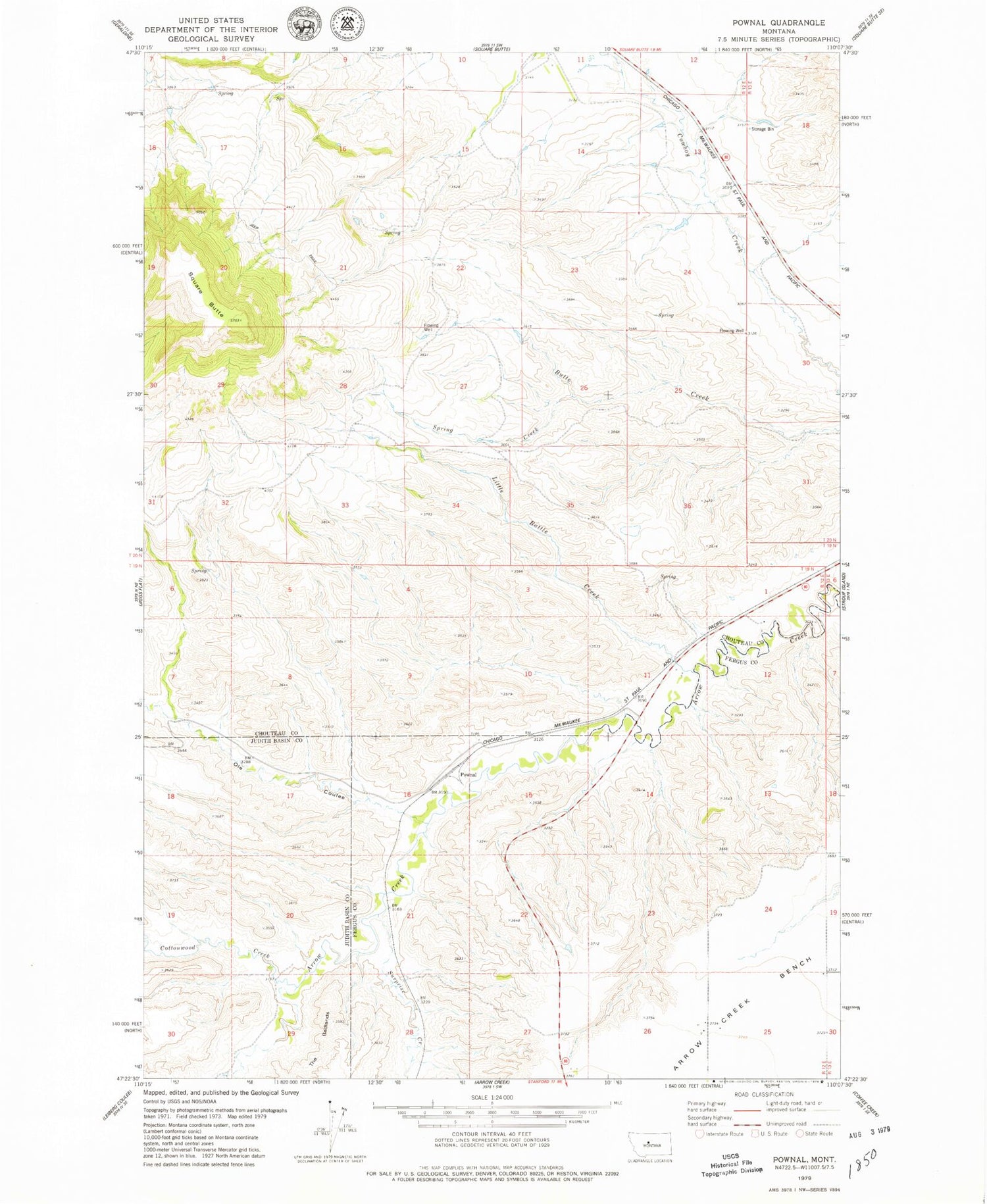 Classic USGS Pownal Montana 7.5'x7.5' Topo Map Image