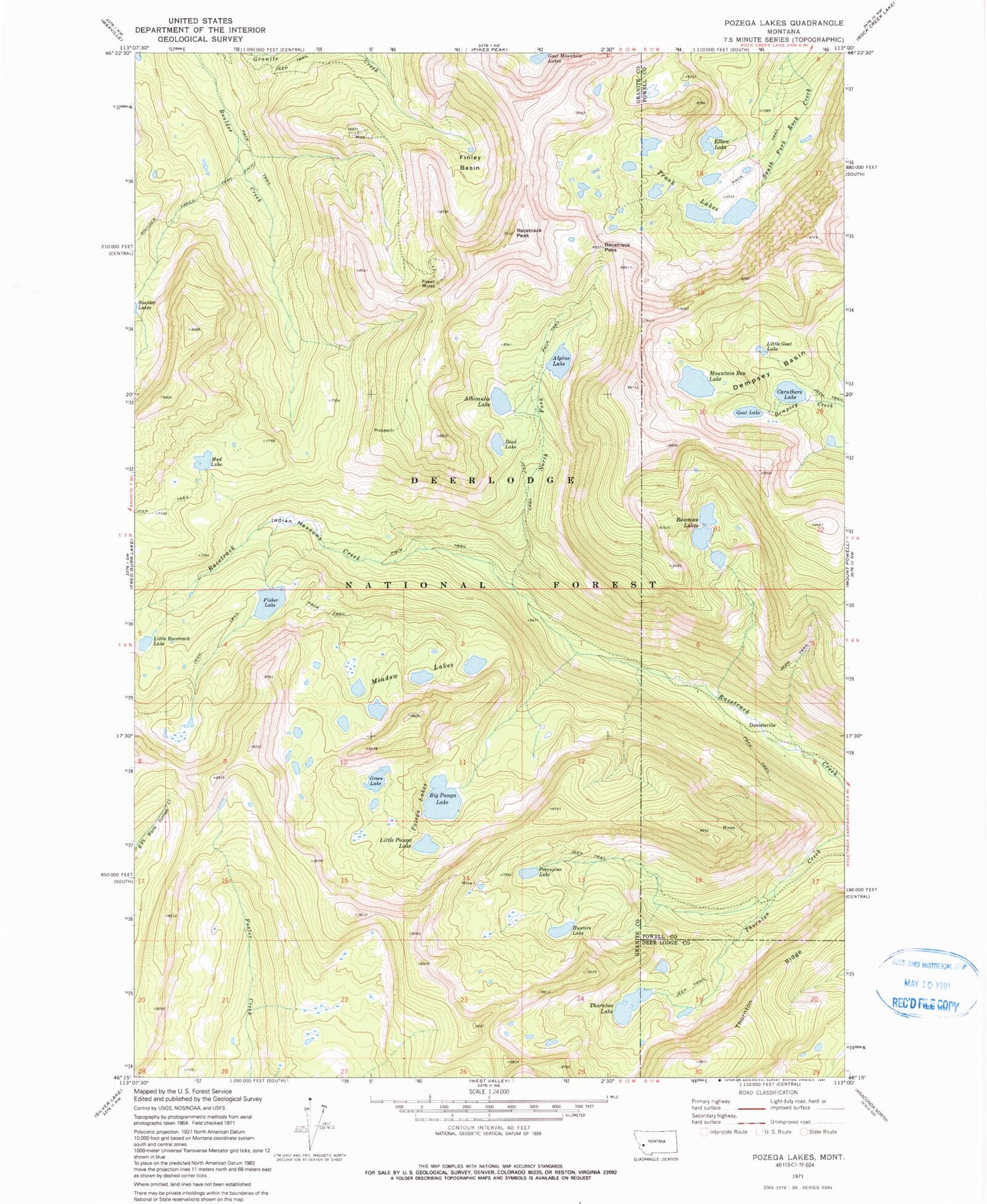 Classic USGS Pozega Lakes Montana 7.5'x7.5' Topo Map Image