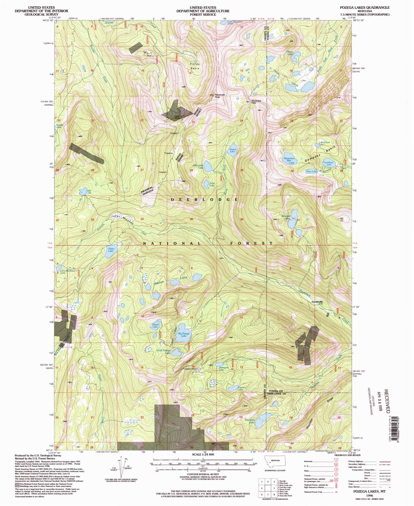 Classic USGS Pozega Lakes Montana 7.5'x7.5' Topo Map Image