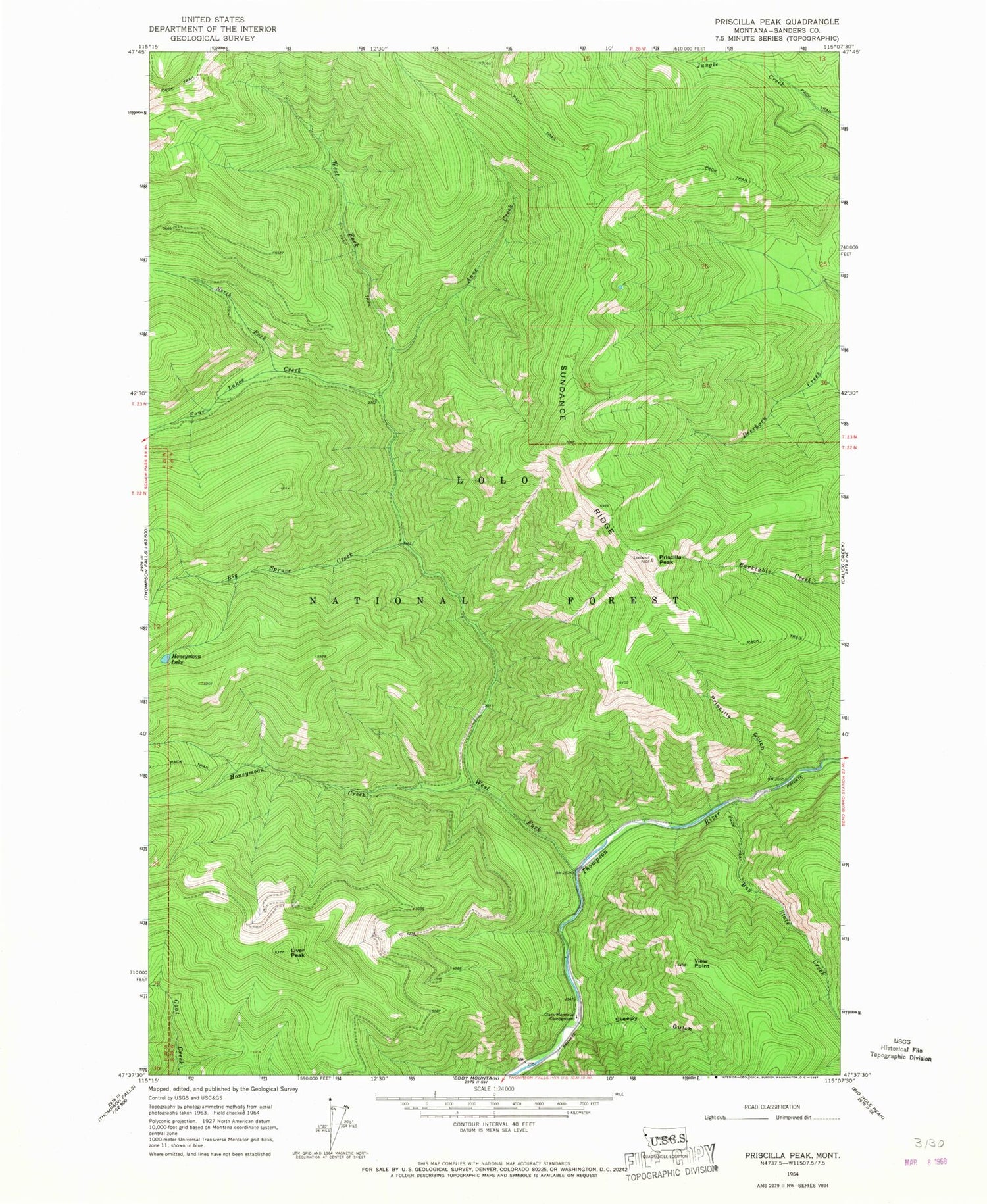 Classic USGS Priscilla Peak Montana 7.5'x7.5' Topo Map Image