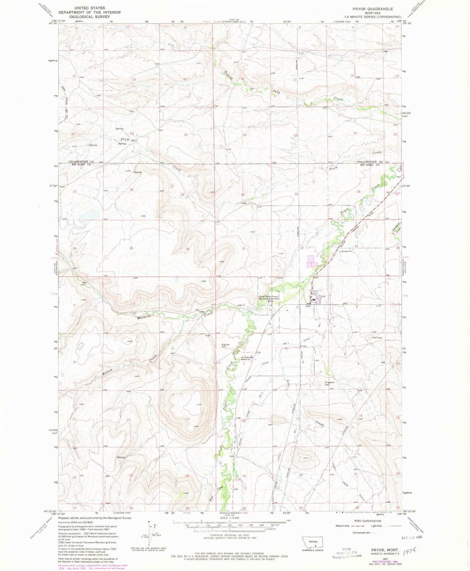 Classic USGS Pryor Montana 7.5'x7.5' Topo Map Image