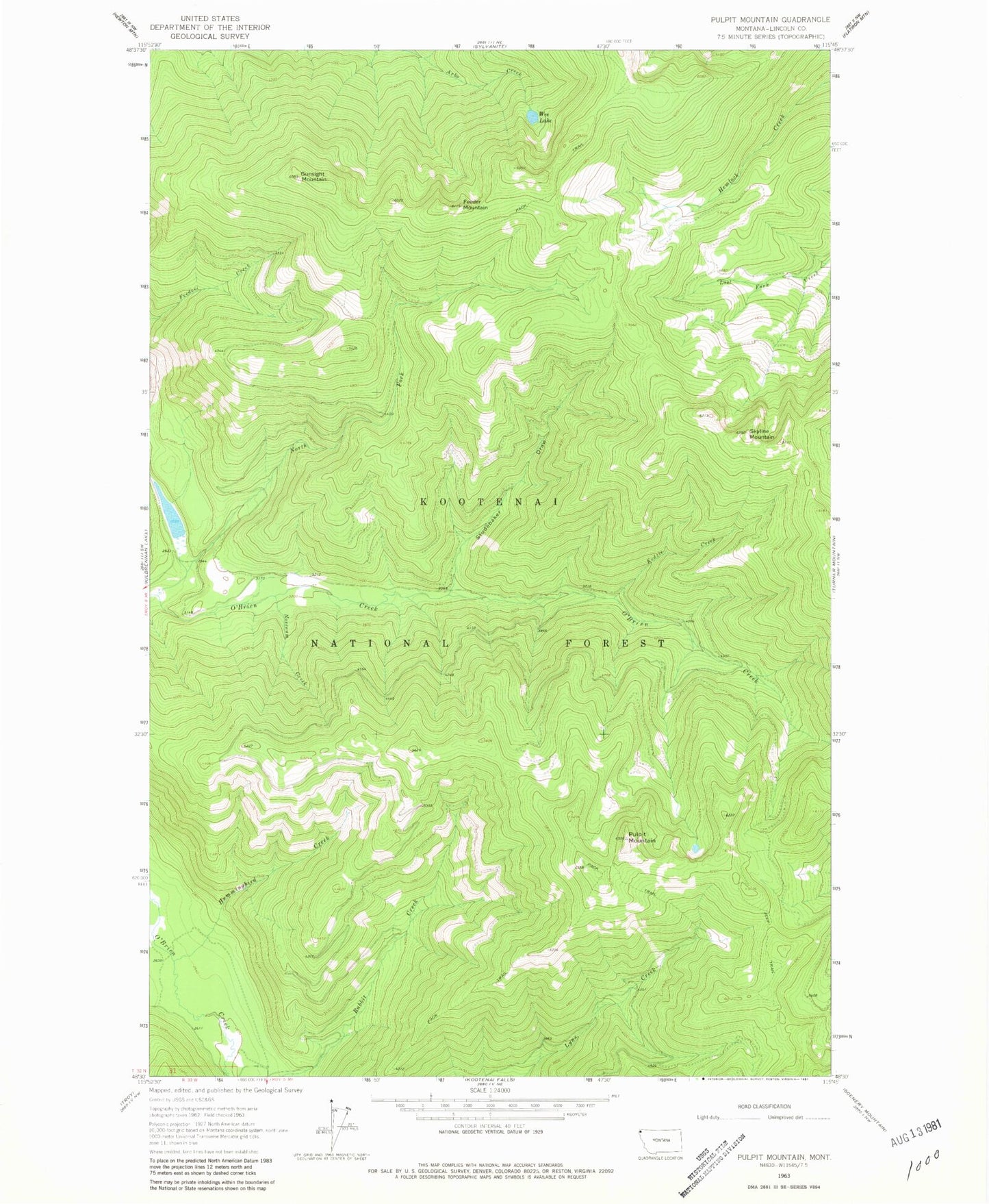 Classic USGS Pulpit Mountain Montana 7.5'x7.5' Topo Map Image