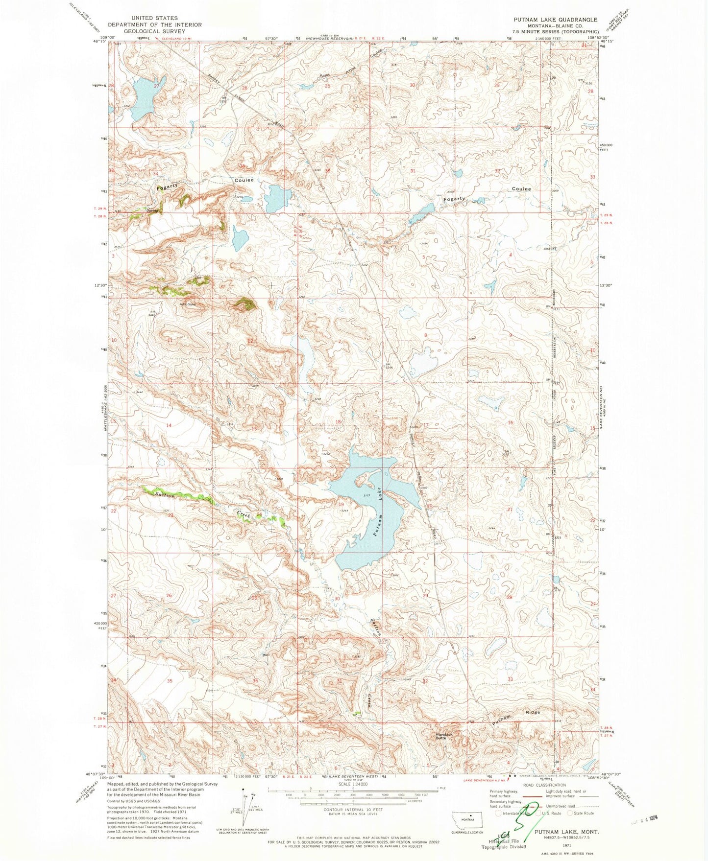 Classic USGS Putnam Lake Montana 7.5'x7.5' Topo Map Image