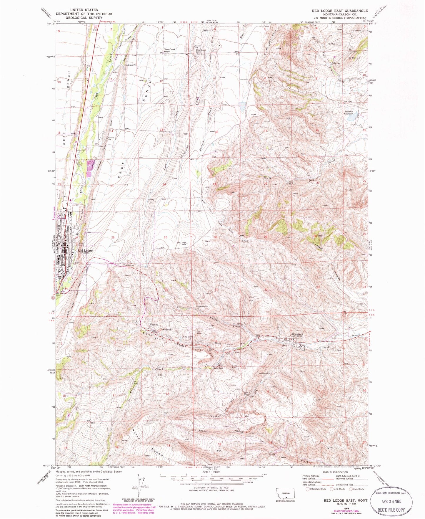 Classic USGS Red Lodge East Montana 7.5'x7.5' Topo Map Image