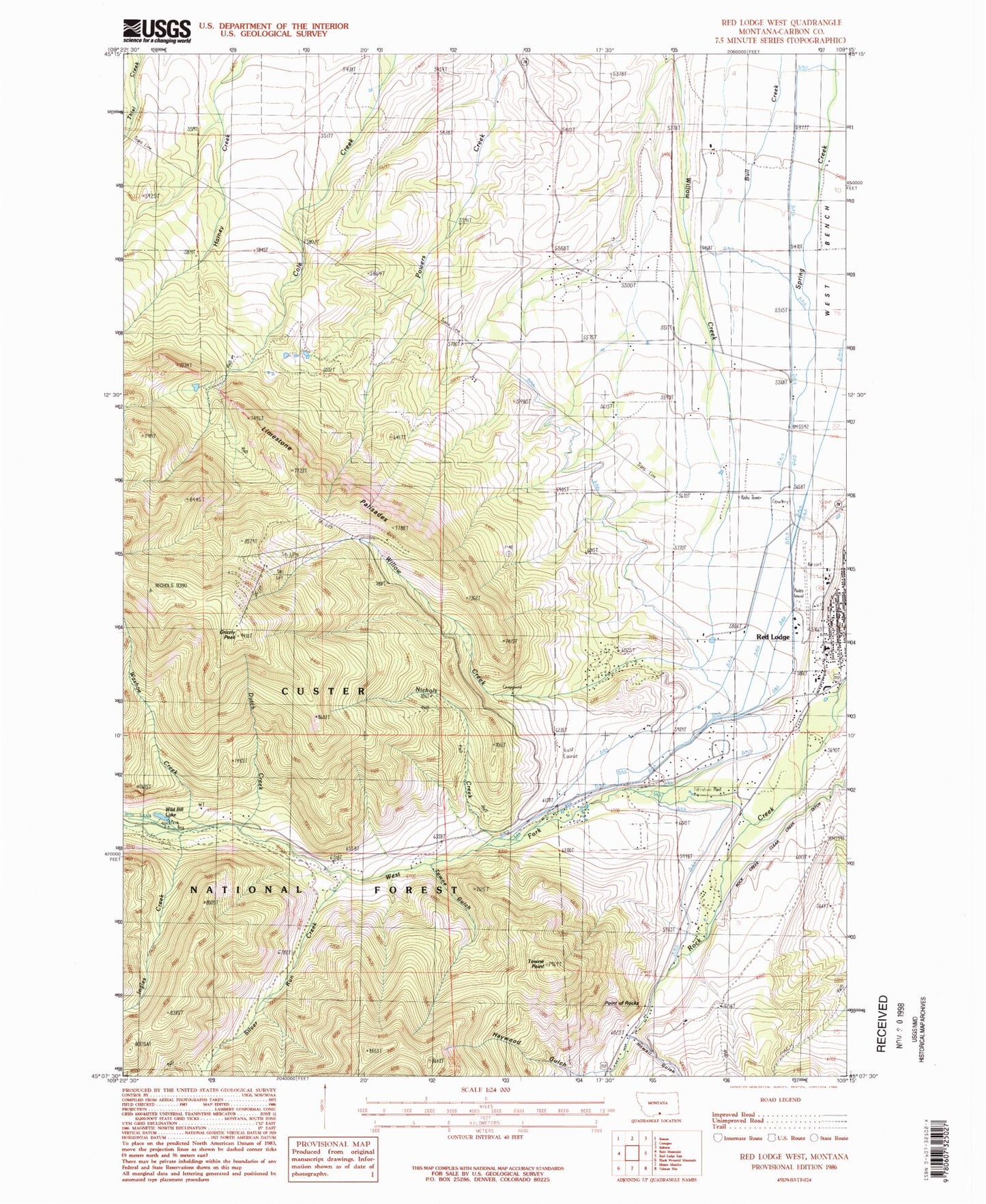 Classic USGS Red Lodge West Montana 7.5'x7.5' Topo Map Image