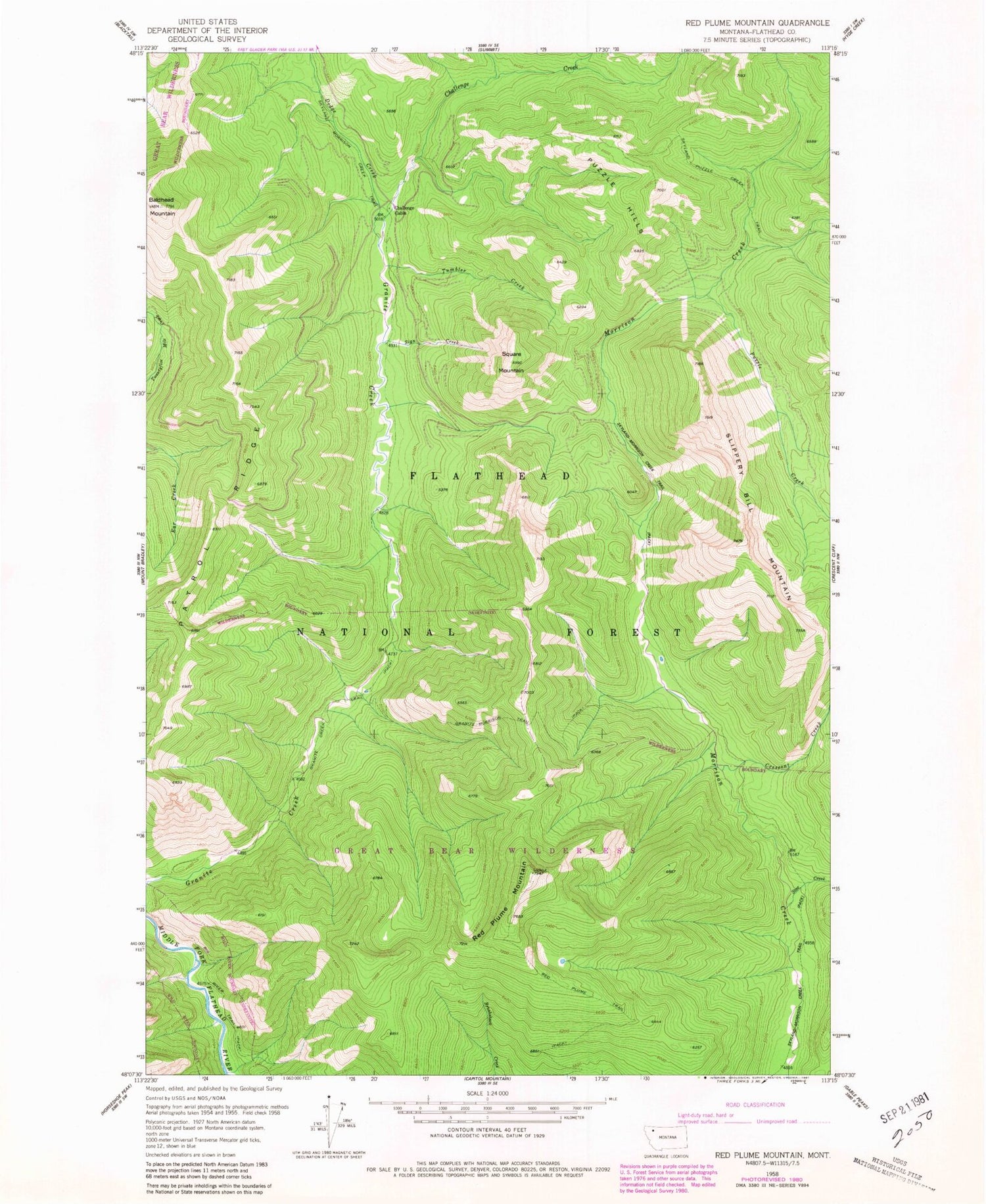 Classic USGS Red Plume Mountain Montana 7.5'x7.5' Topo Map Image