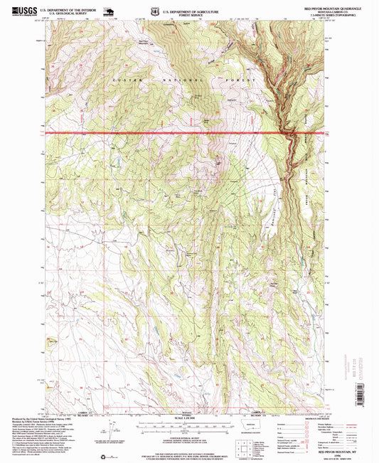 Classic USGS Red Pryor Mountain Montana 7.5'x7.5' Topo Map Image