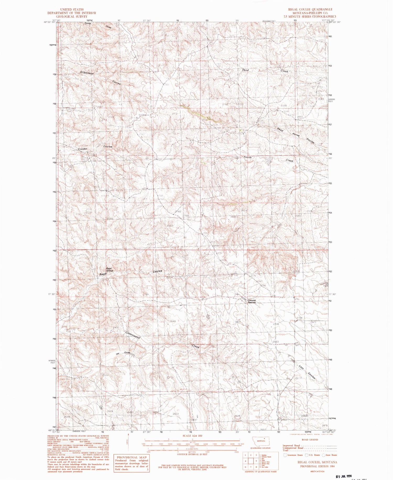 Classic USGS Regal Coulee Montana 7.5'x7.5' Topo Map Image