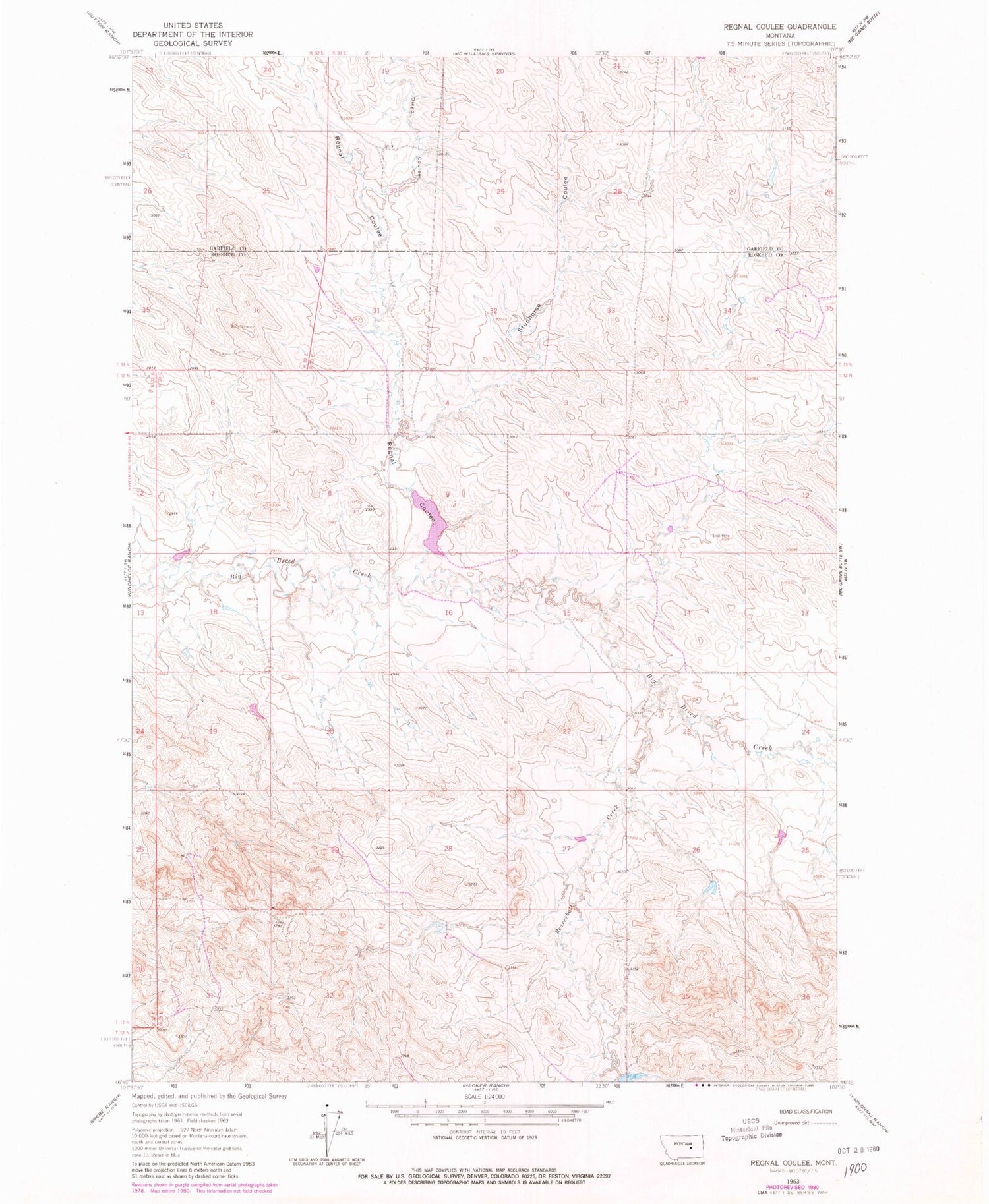 Classic USGS Regnal Coulee Montana 7.5'x7.5' Topo Map Image