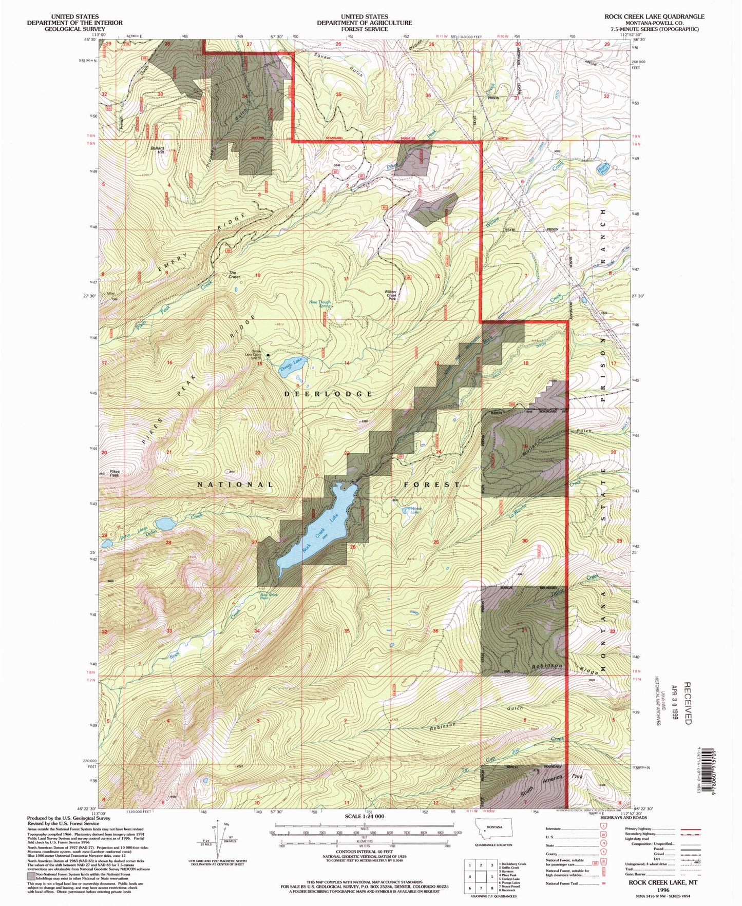 Classic USGS Rock Creek Lake Montana 7.5'x7.5' Topo Map Image