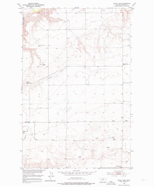 Classic USGS Rocky Lake Montana 7.5'x7.5' Topo Map Image