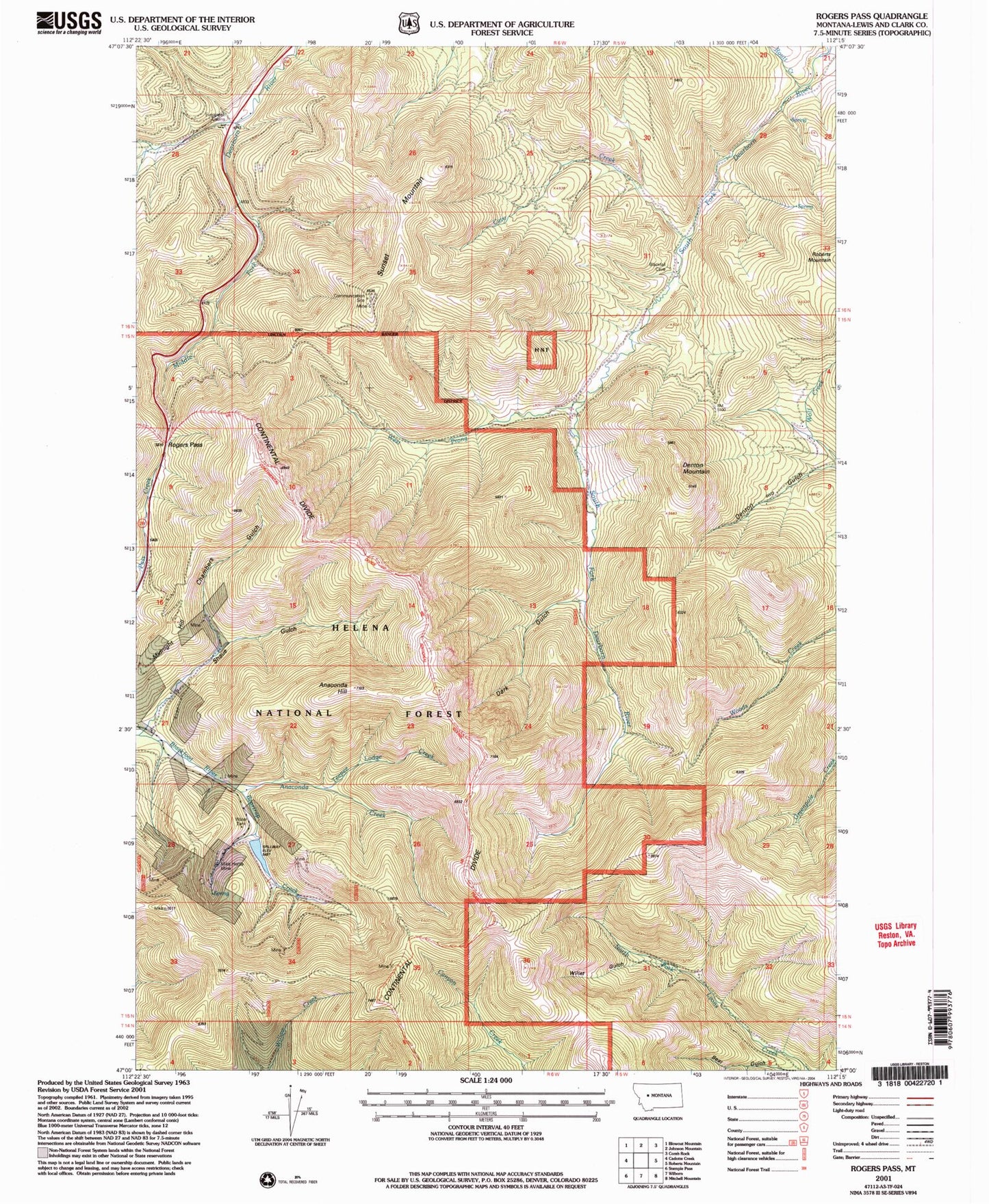 Classic USGS Rogers Pass Montana 7.5'x7.5' Topo Map Image