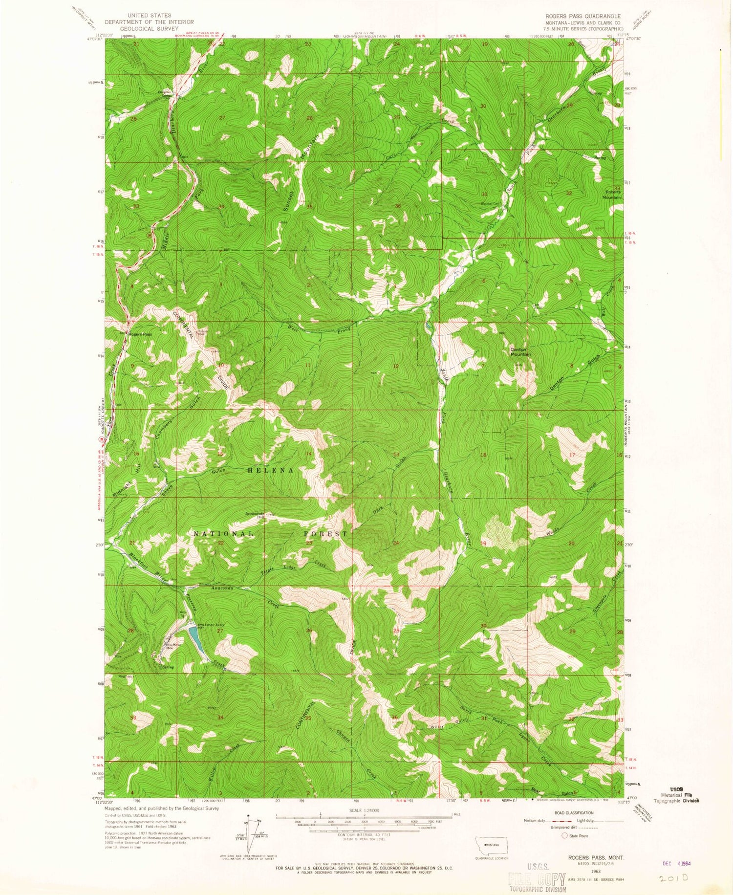Classic USGS Rogers Pass Montana 7.5'x7.5' Topo Map Image