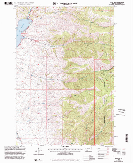 Classic USGS Ruby Dam Montana 7.5'x7.5' Topo Map Image