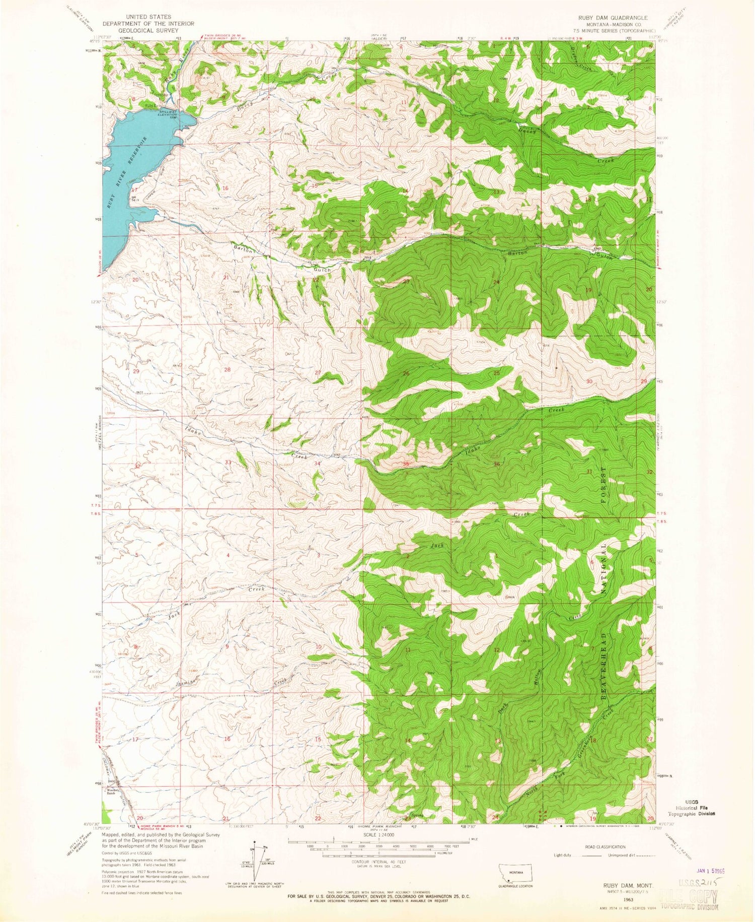 Classic USGS Ruby Dam Montana 7.5'x7.5' Topo Map Image