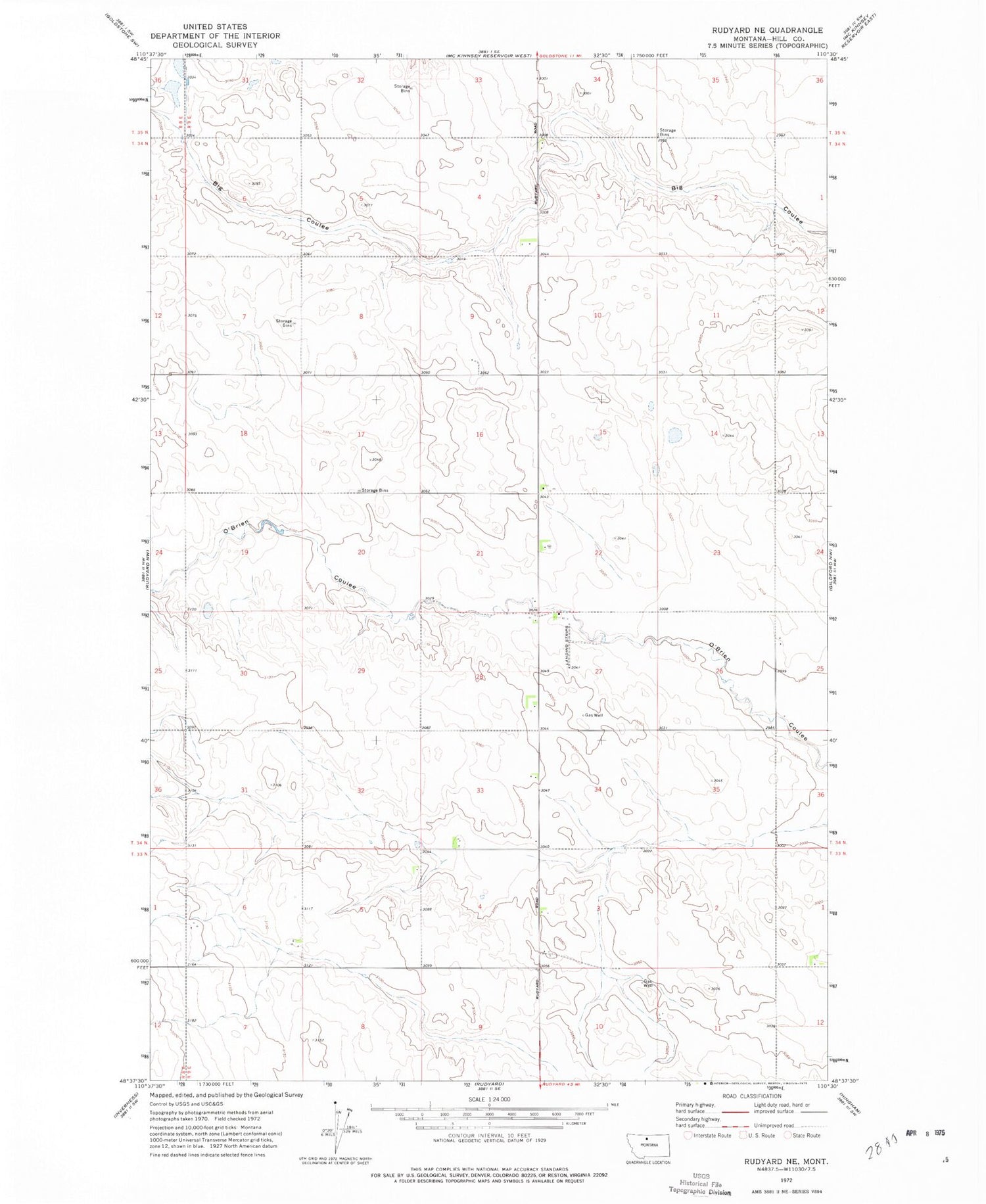 Classic USGS Rudyard NE Montana 7.5'x7.5' Topo Map Image