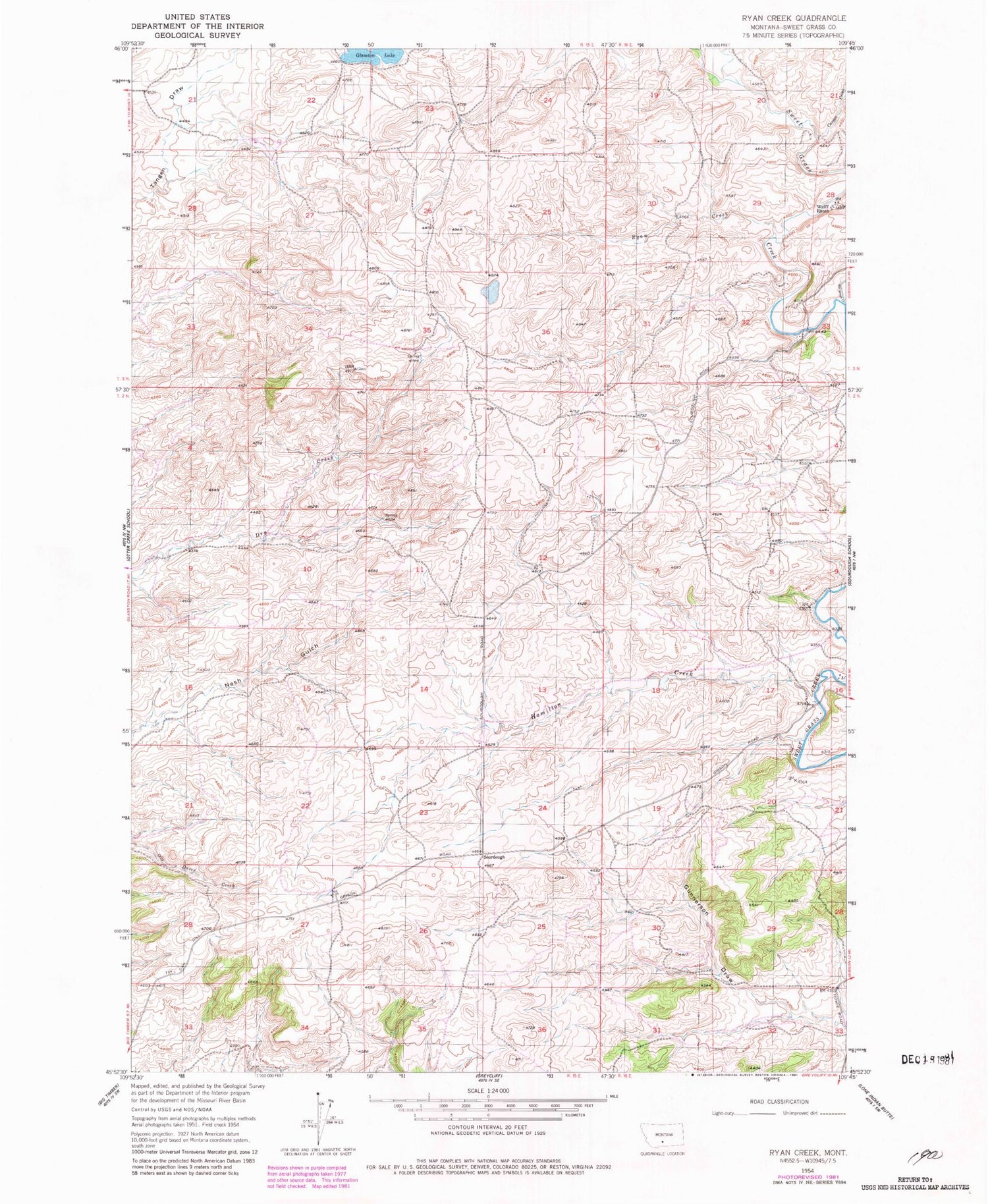 Classic USGS Ryan Creek Montana 7.5'x7.5' Topo Map Image