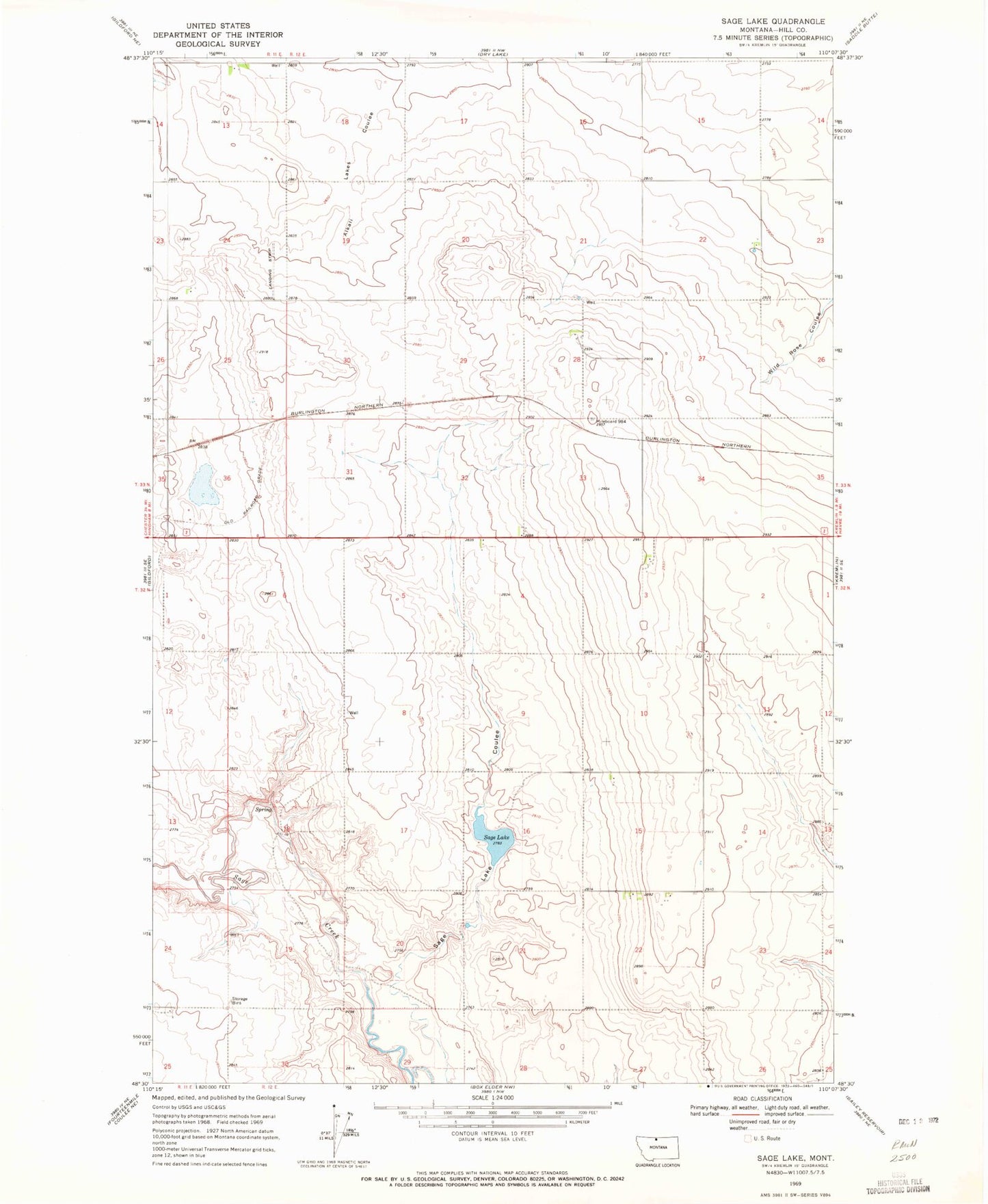 Classic USGS Sage Lake Montana 7.5'x7.5' Topo Map Image