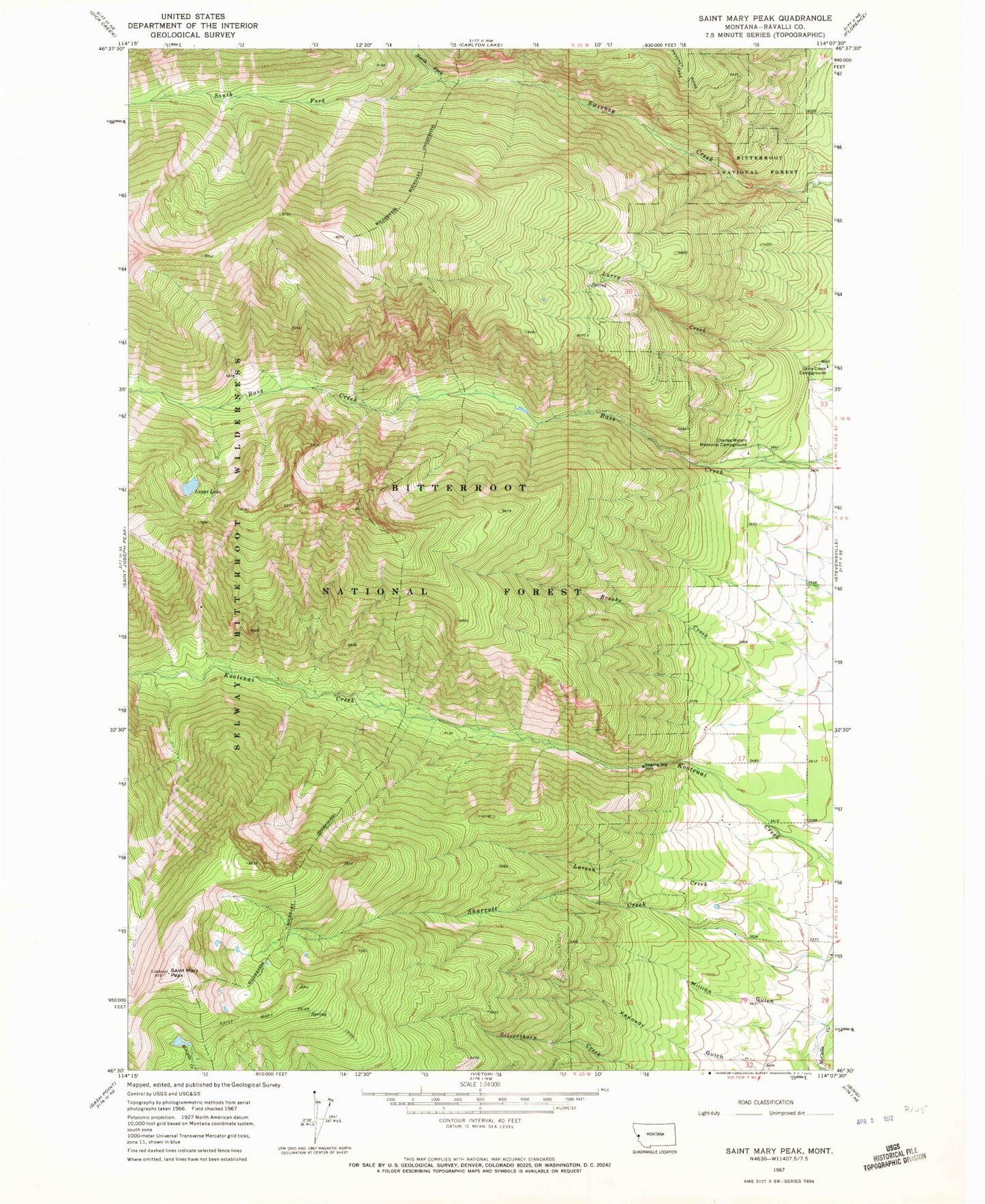 Classic USGS Saint Mary Peak Montana 7.5'x7.5' Topo Map Image