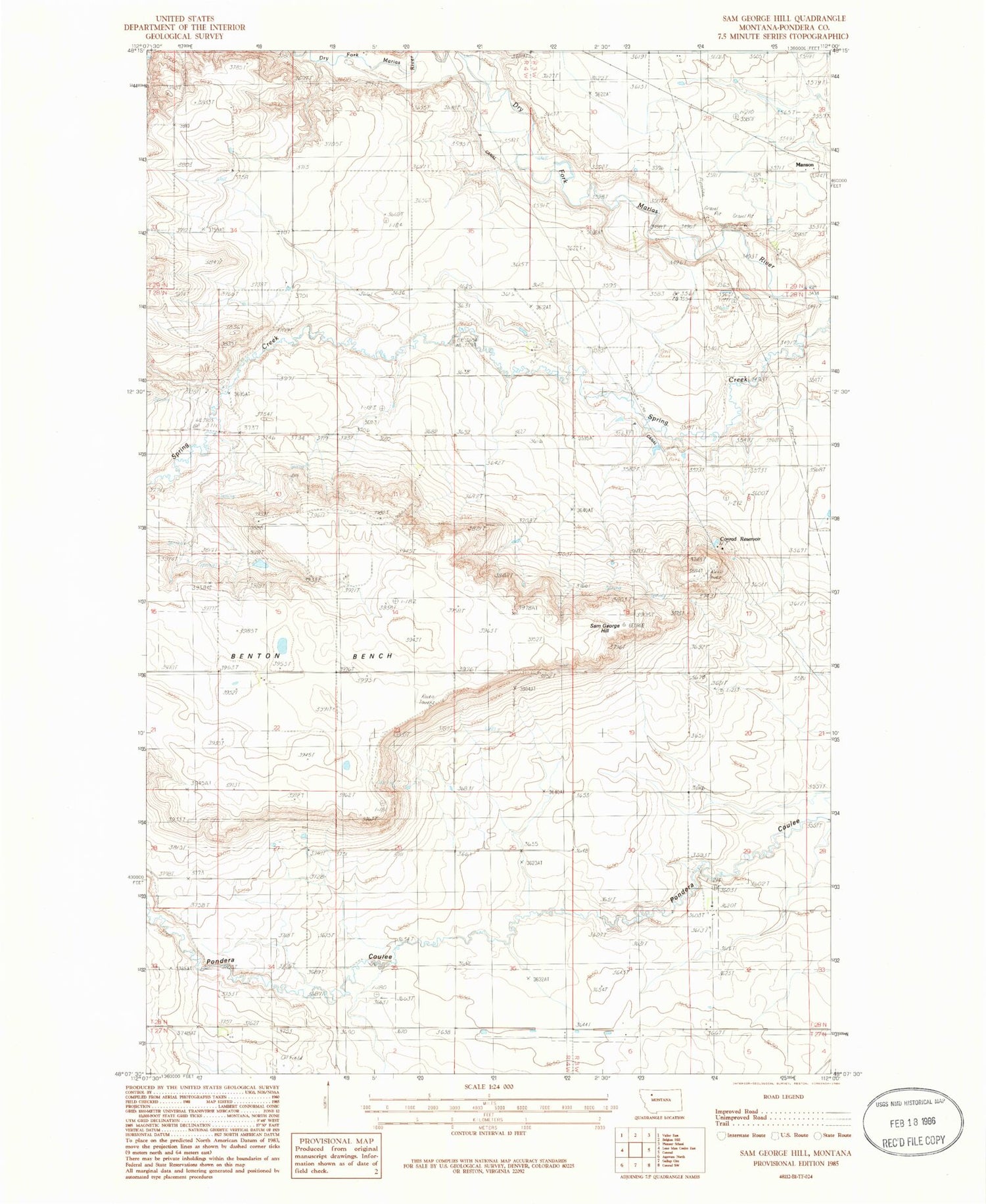 Classic USGS Sam George Hill Montana 7.5'x7.5' Topo Map Image
