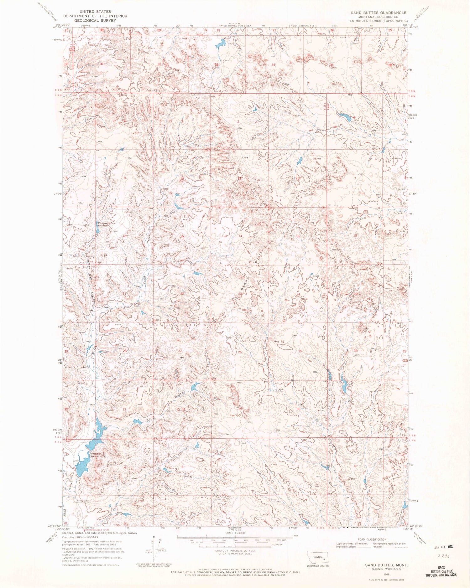 Classic USGS Sand Buttes Montana 7.5'x7.5' Topo Map Image