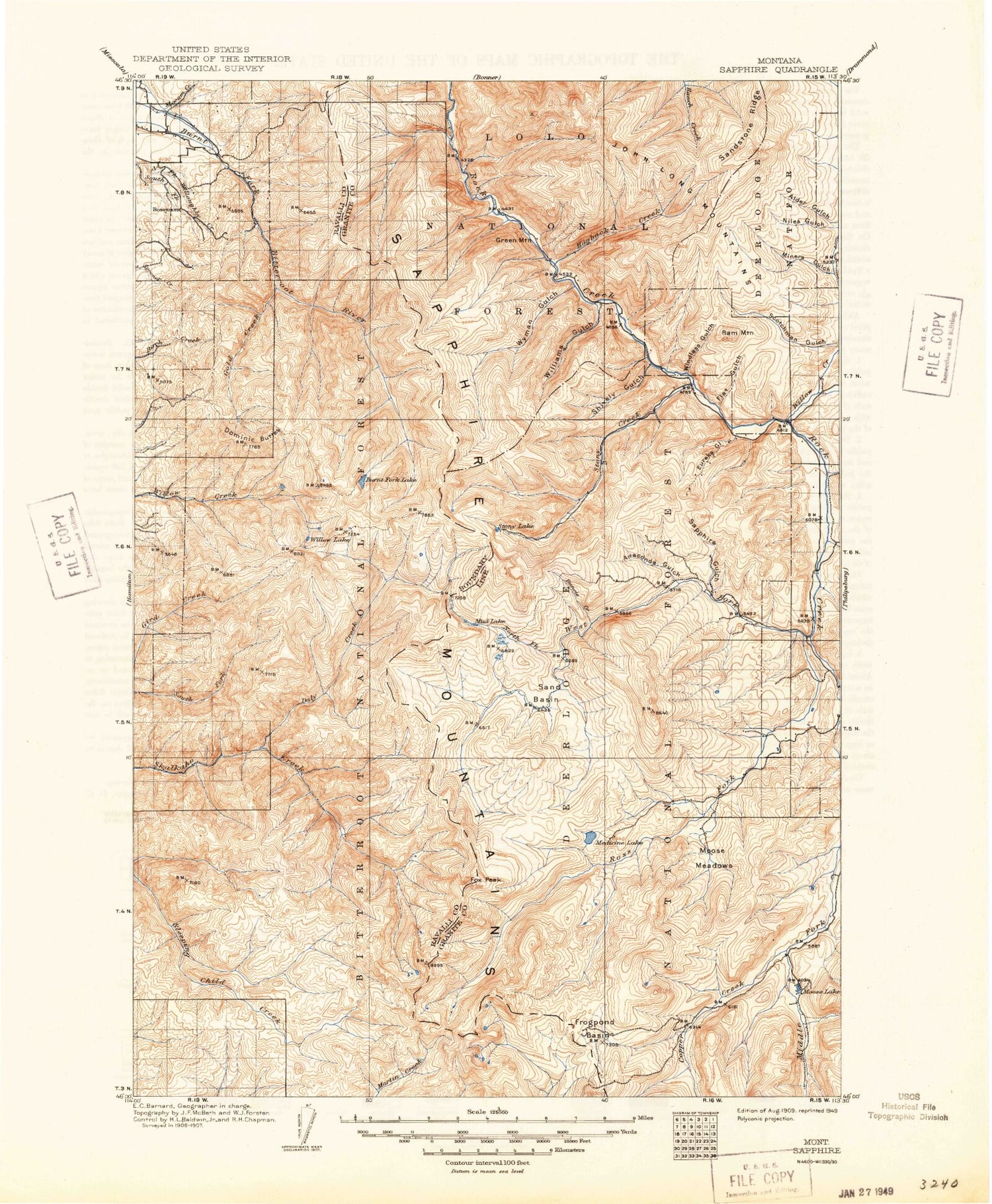 Historic 1909 Sapphire Montana 30'x30' Topo Map Image