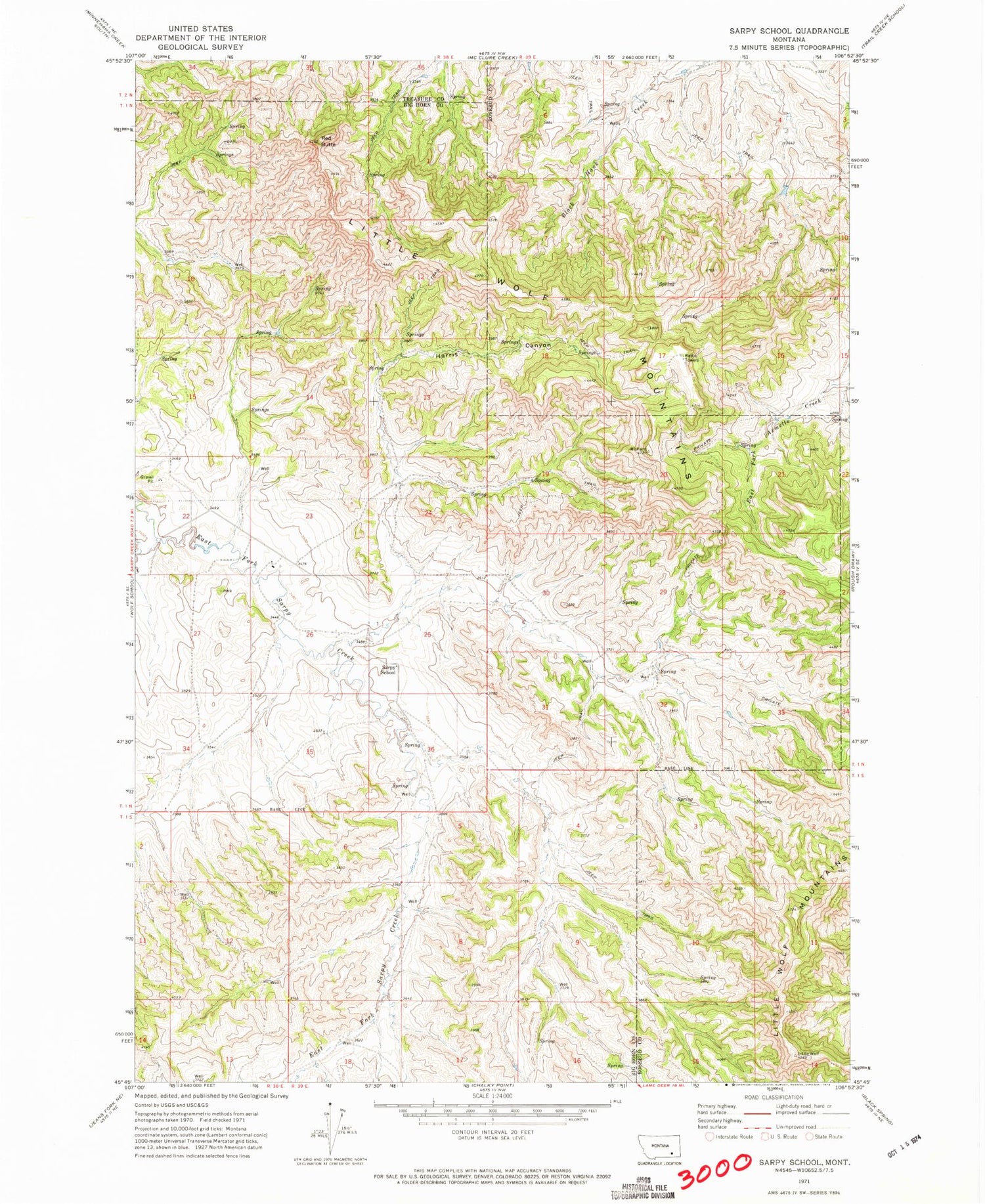 Classic USGS Sarpy School Montana 7.5'x7.5' Topo Map Image