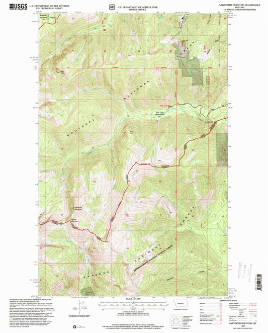 Classic USGS Sawtooth Mountain Montana 7.5'x7.5' Topo Map Image