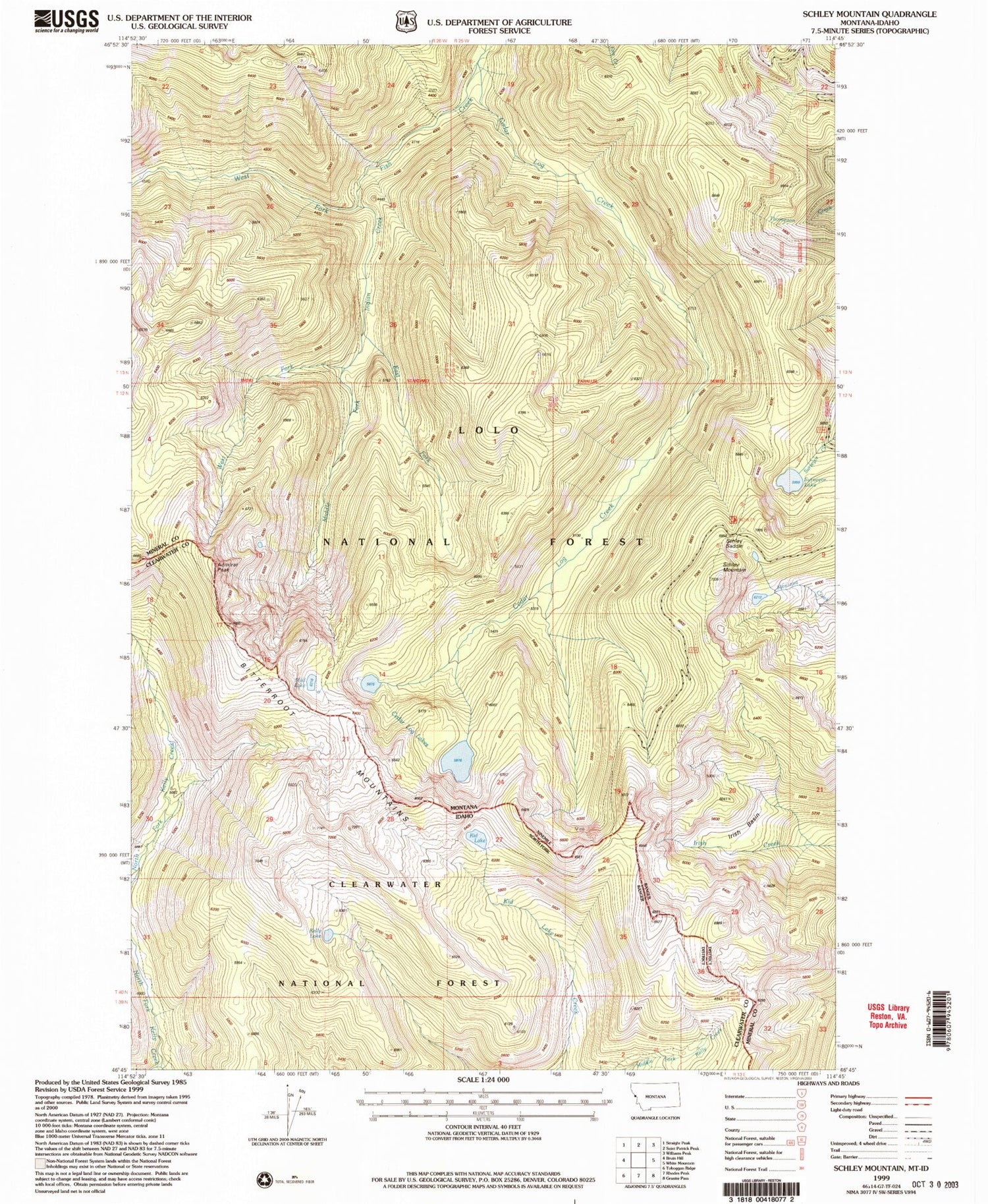 Classic USGS Schley Mountain Montana 7.5'x7.5' Topo Map Image