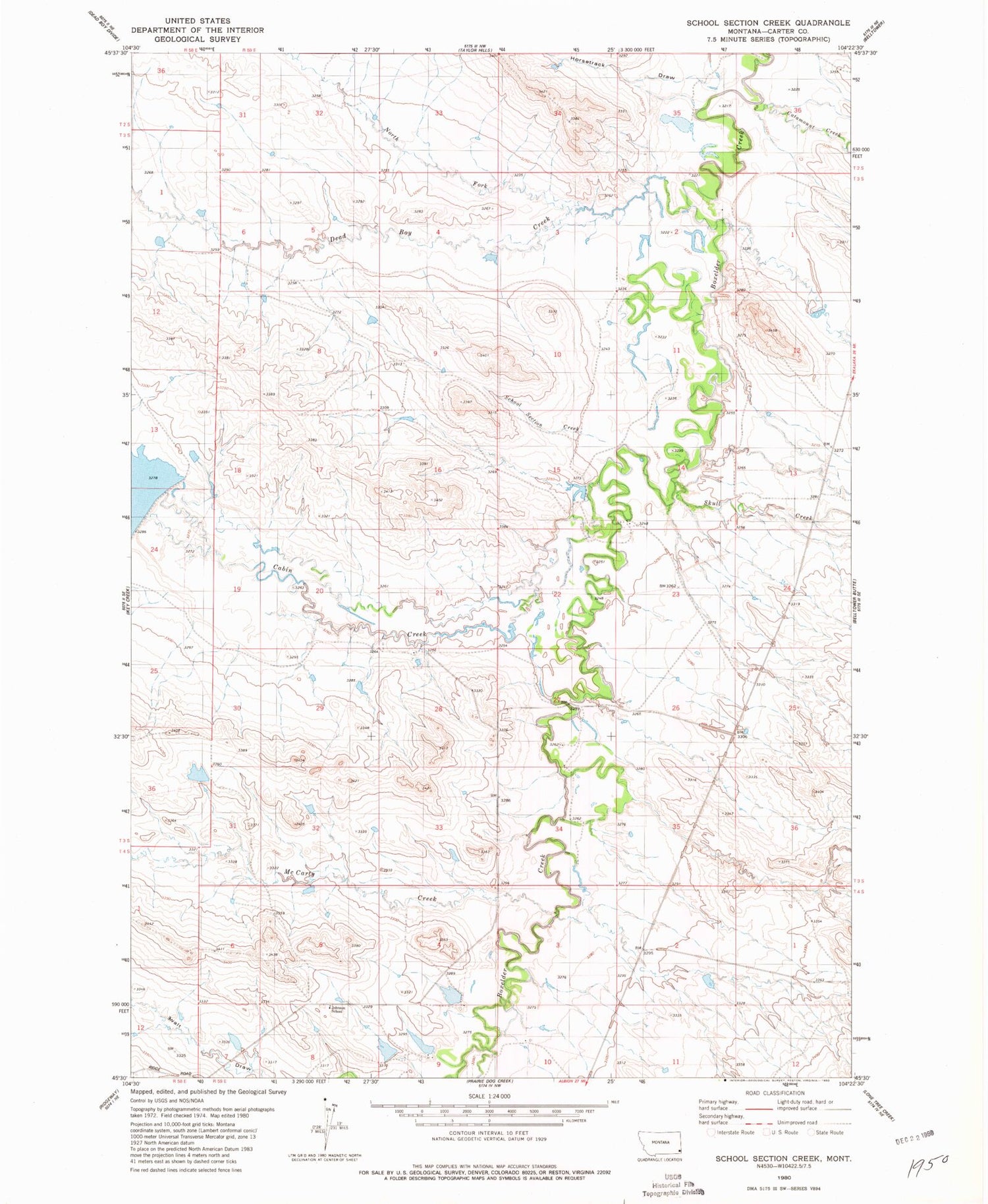 Classic USGS School Section Creek Montana 7.5'x7.5' Topo Map Image