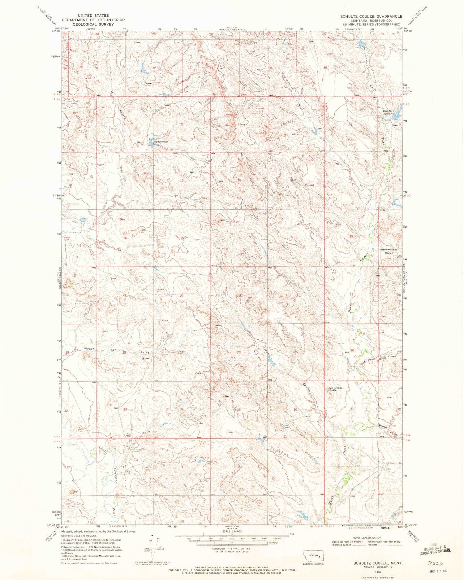 Classic USGS Schultz Coulee Montana 7.5'x7.5' Topo Map Image