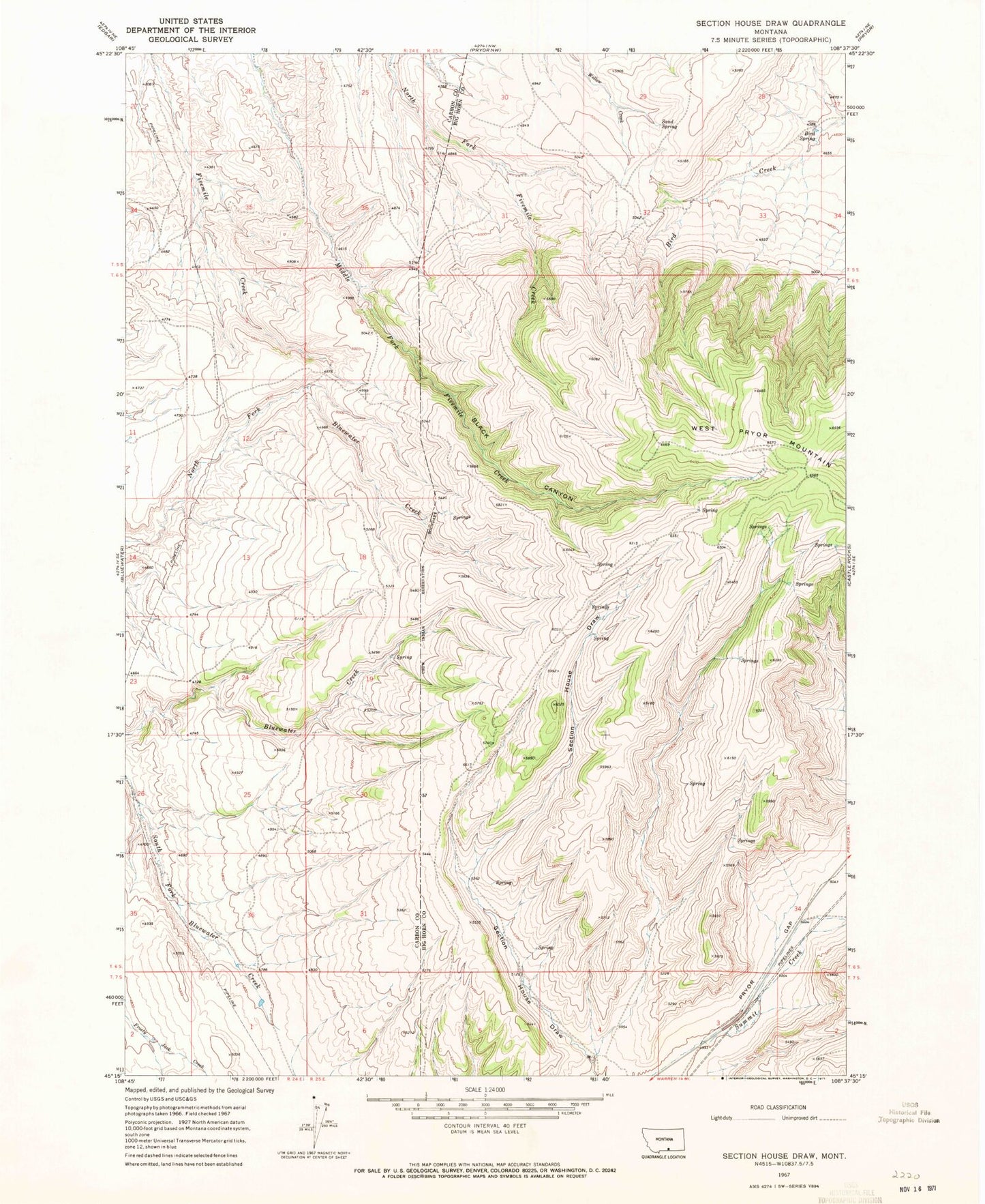 Classic USGS Section House Draw Montana 7.5'x7.5' Topo Map Image