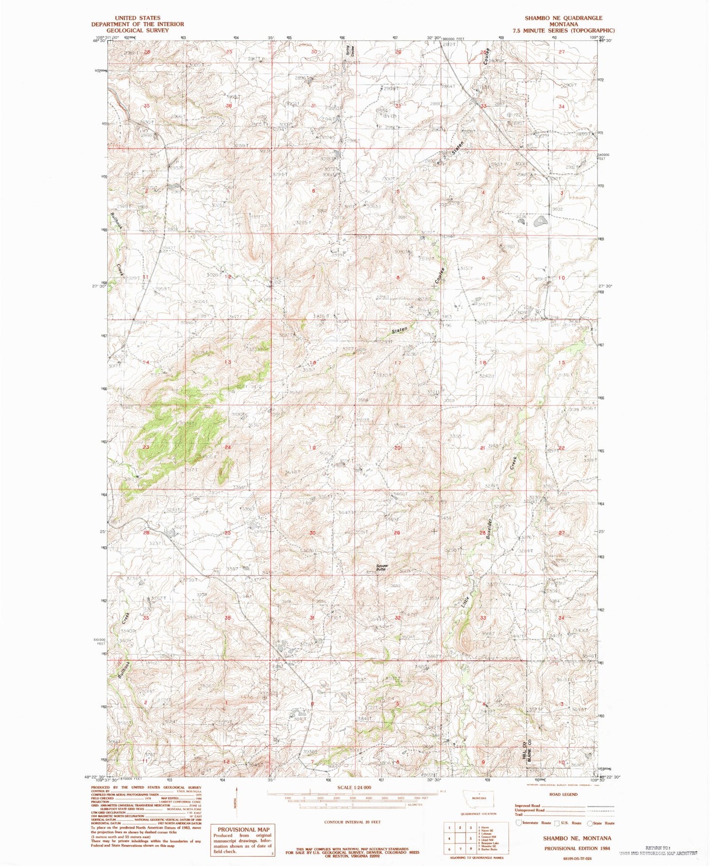 Classic USGS Shambo NE Montana 7.5'x7.5' Topo Map Image