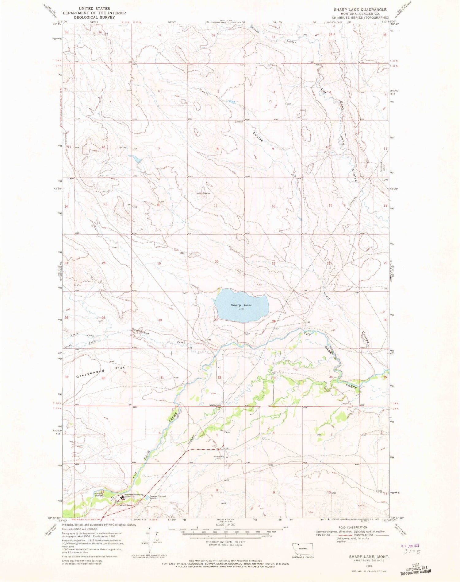 Classic USGS Sharp Lake Montana 7.5'x7.5' Topo Map Image