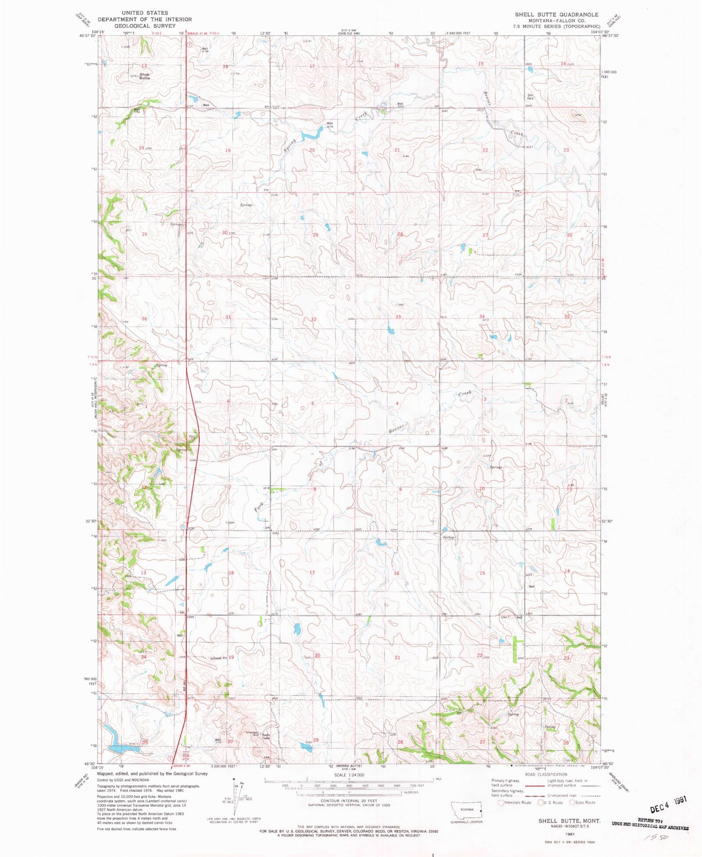 Classic USGS Shell Butte Montana 7.5'x7.5' Topo Map Image