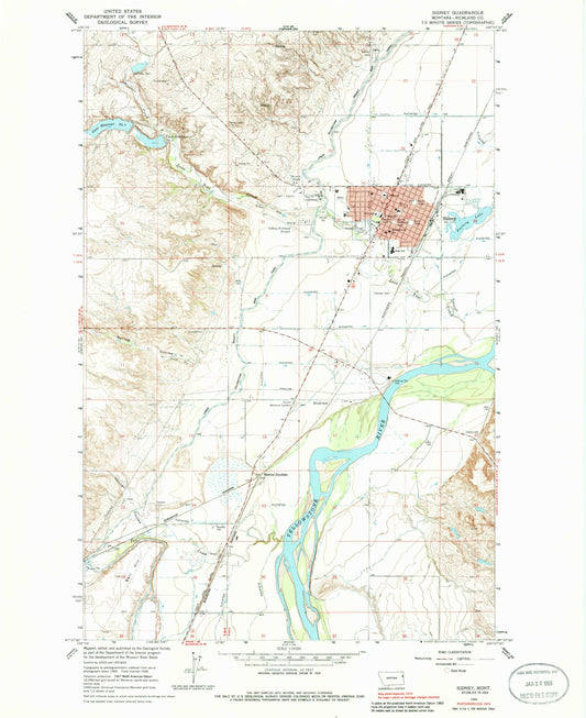 Classic USGS Sidney Montana 7.5'x7.5' Topo Map Image