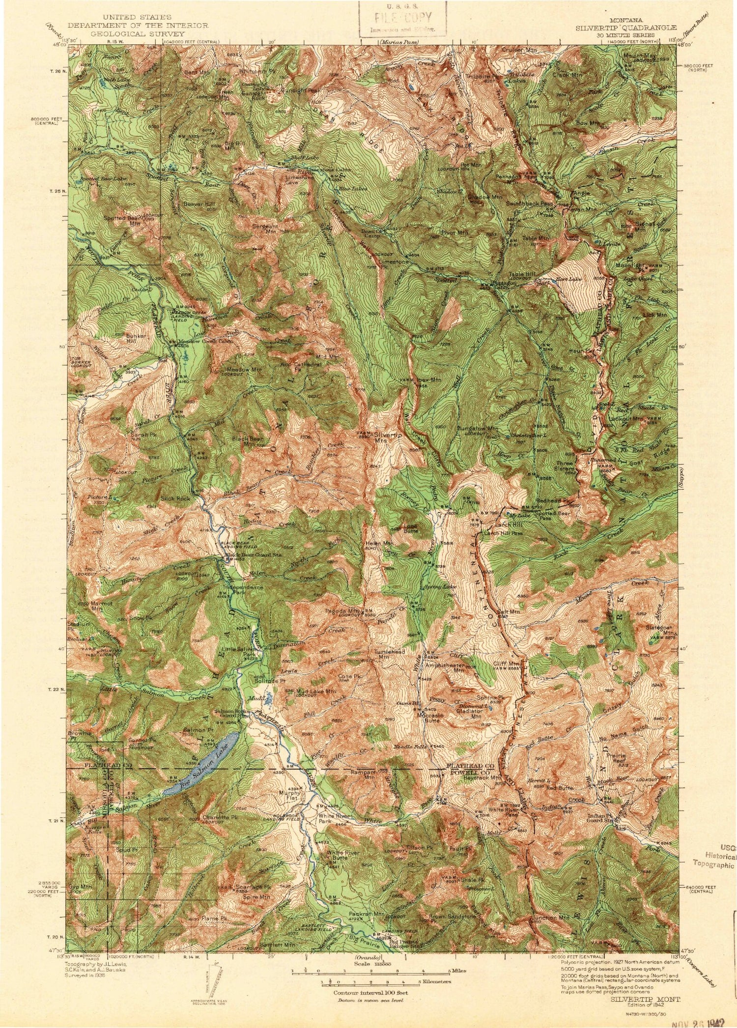 Historic 1942 Silvertip Montana 30'x30' Topo Map Image