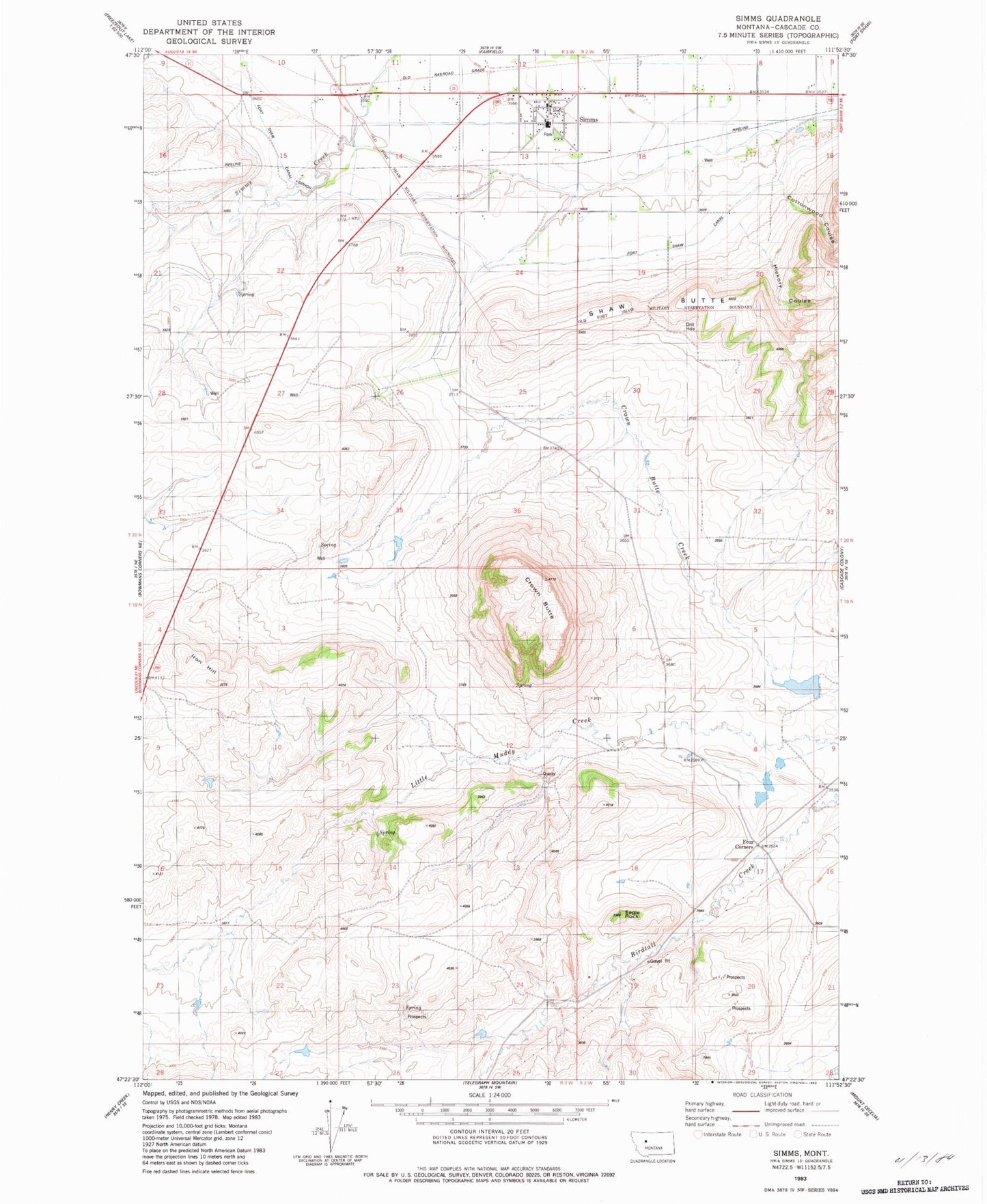 Classic USGS Simms Montana 7.5'x7.5' Topo Map Image