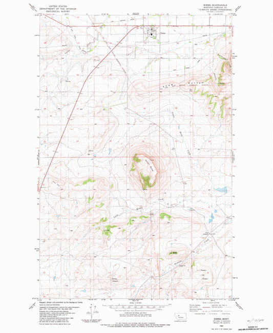 Classic USGS Simms Montana 7.5'x7.5' Topo Map Image