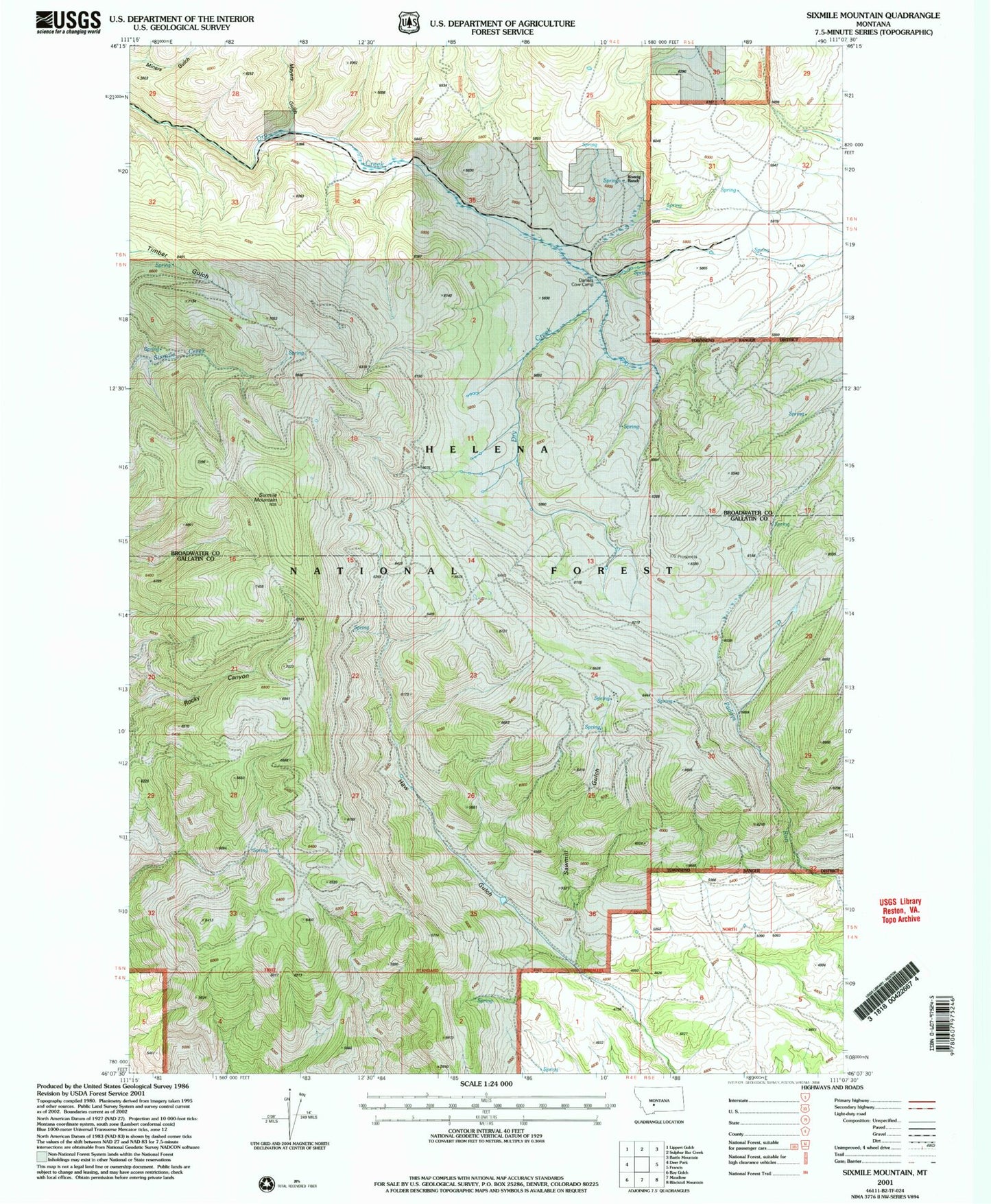 Classic USGS Sixmile Mountain Montana 7.5'x7.5' Topo Map Image