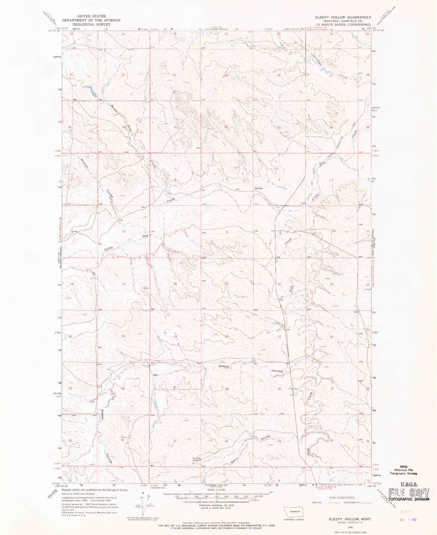 Classic USGS Sleepy Hollow Montana 7.5'x7.5' Topo Map Image