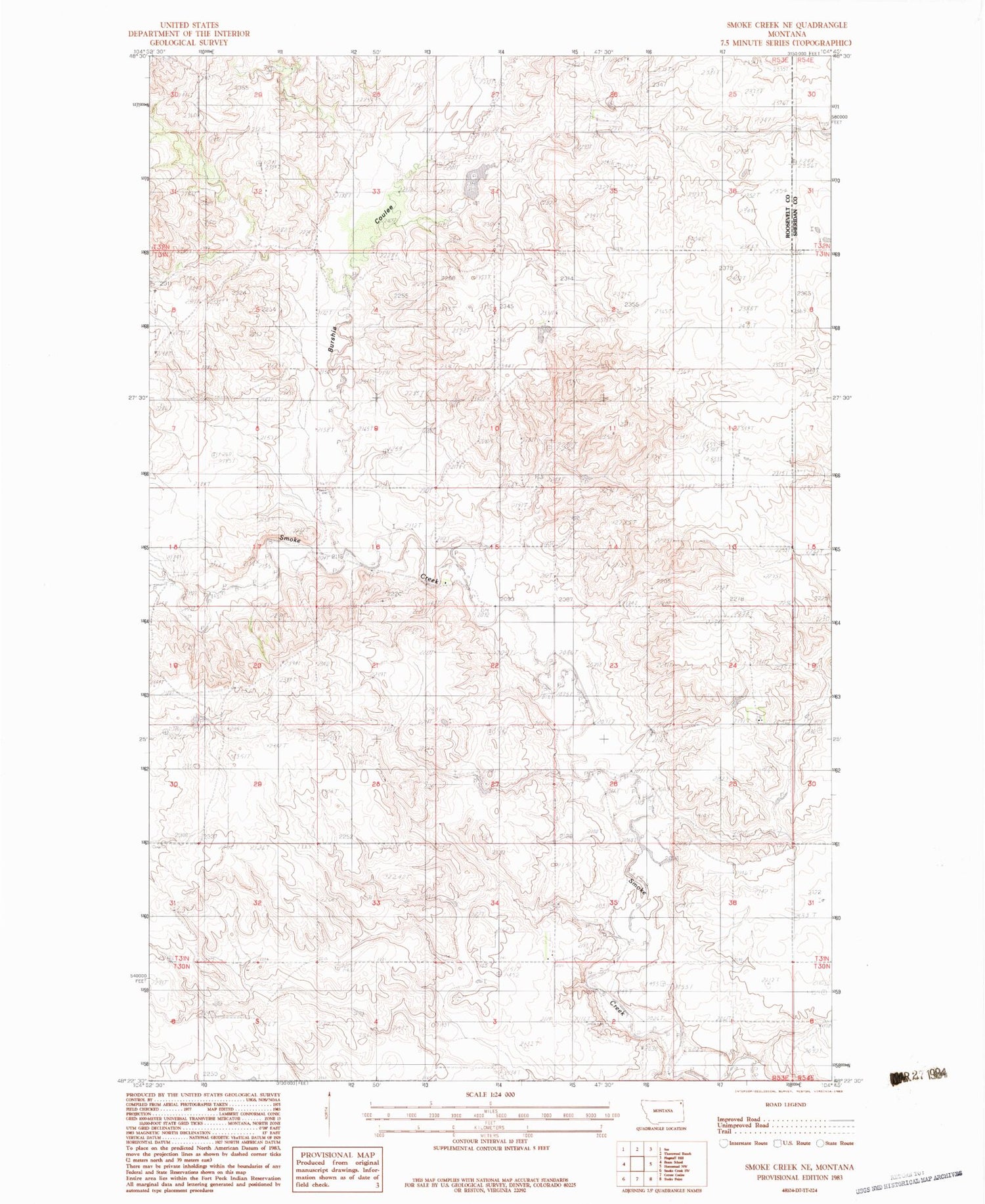 Classic USGS Smoke Creek NE Montana 7.5'x7.5' Topo Map Image