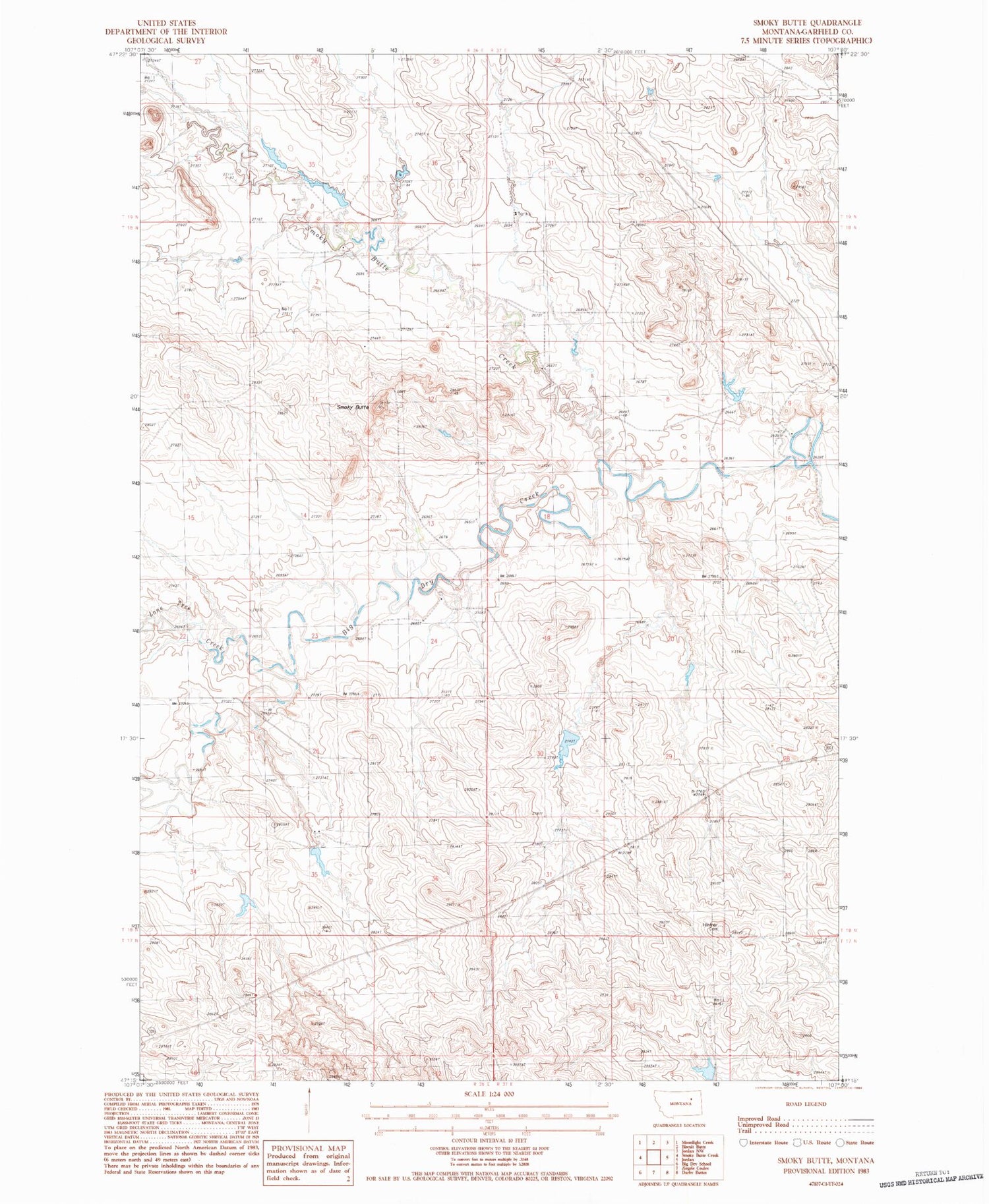 Classic USGS Smoky Butte Montana 7.5'x7.5' Topo Map Image