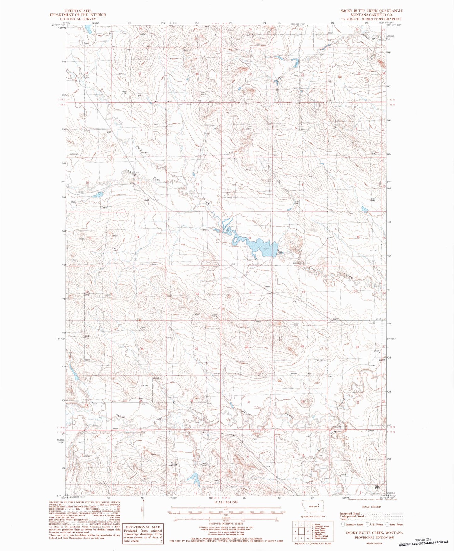 Classic USGS Smoky Butte Creek Montana 7.5'x7.5' Topo Map Image