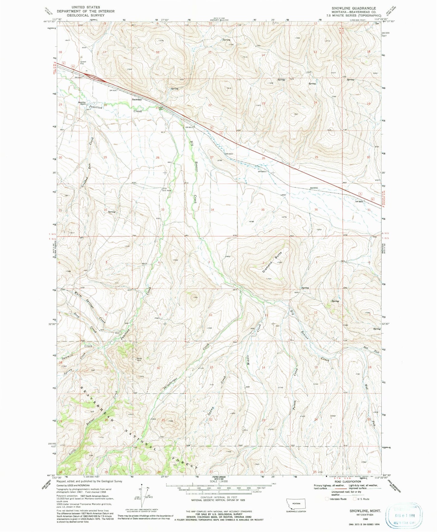 Classic USGS Snowline Montana 7.5'x7.5' Topo Map Image