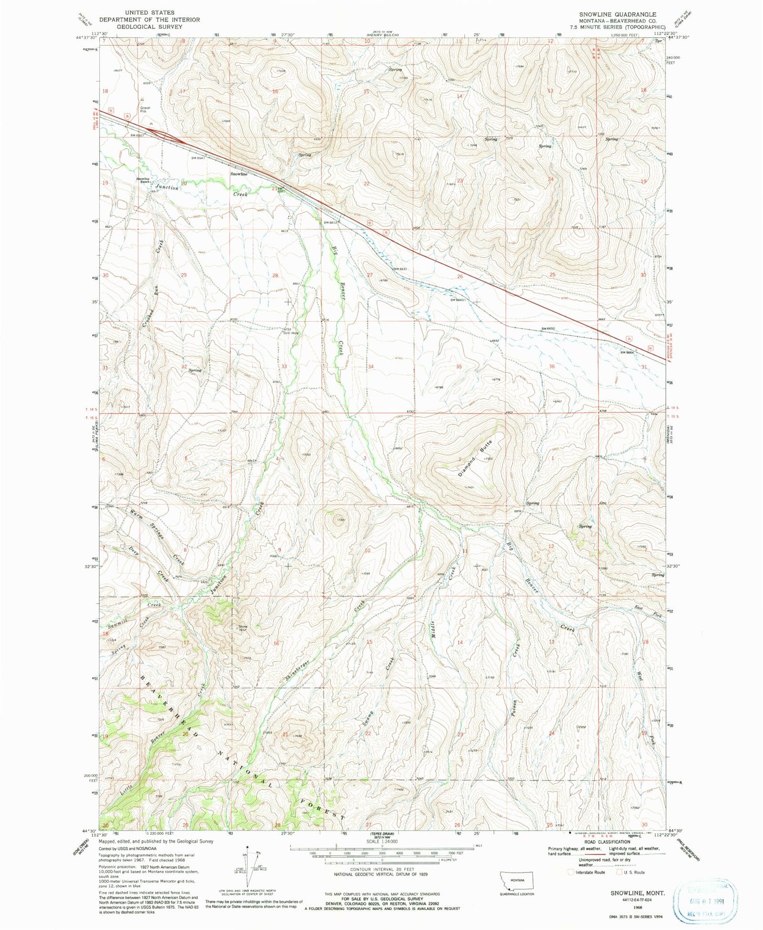 Classic USGS Snowline Montana 7.5'x7.5' Topo Map Image